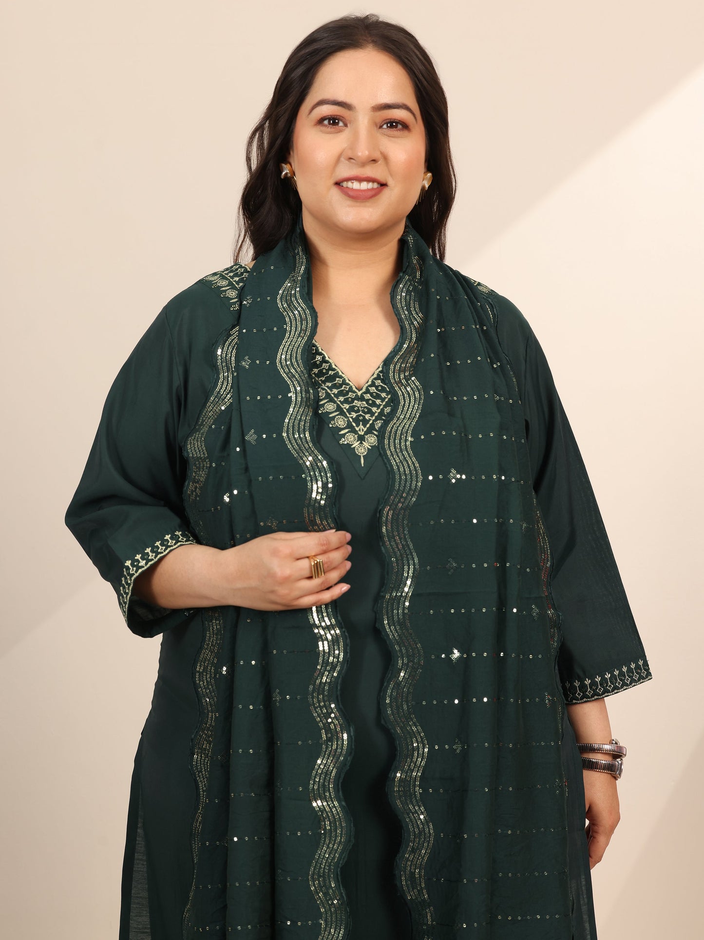 Plus Size Teal Yoke Design Silk Blend Straight Suit Set With Dupatta