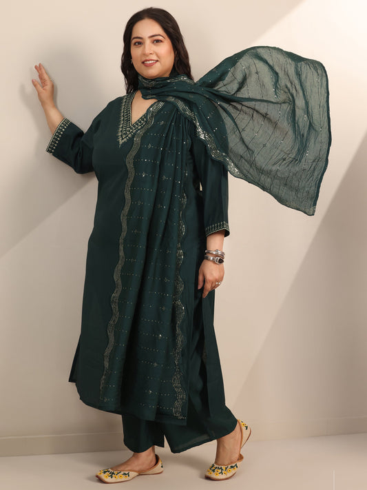 Plus Size Teal Yoke Design Silk Blend Straight Suit Set With Dupatta