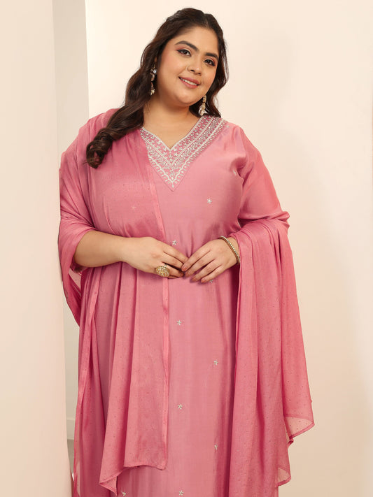 Plus Size Mauve Embroidered Silk blend Straight Suit Set With Dupatta