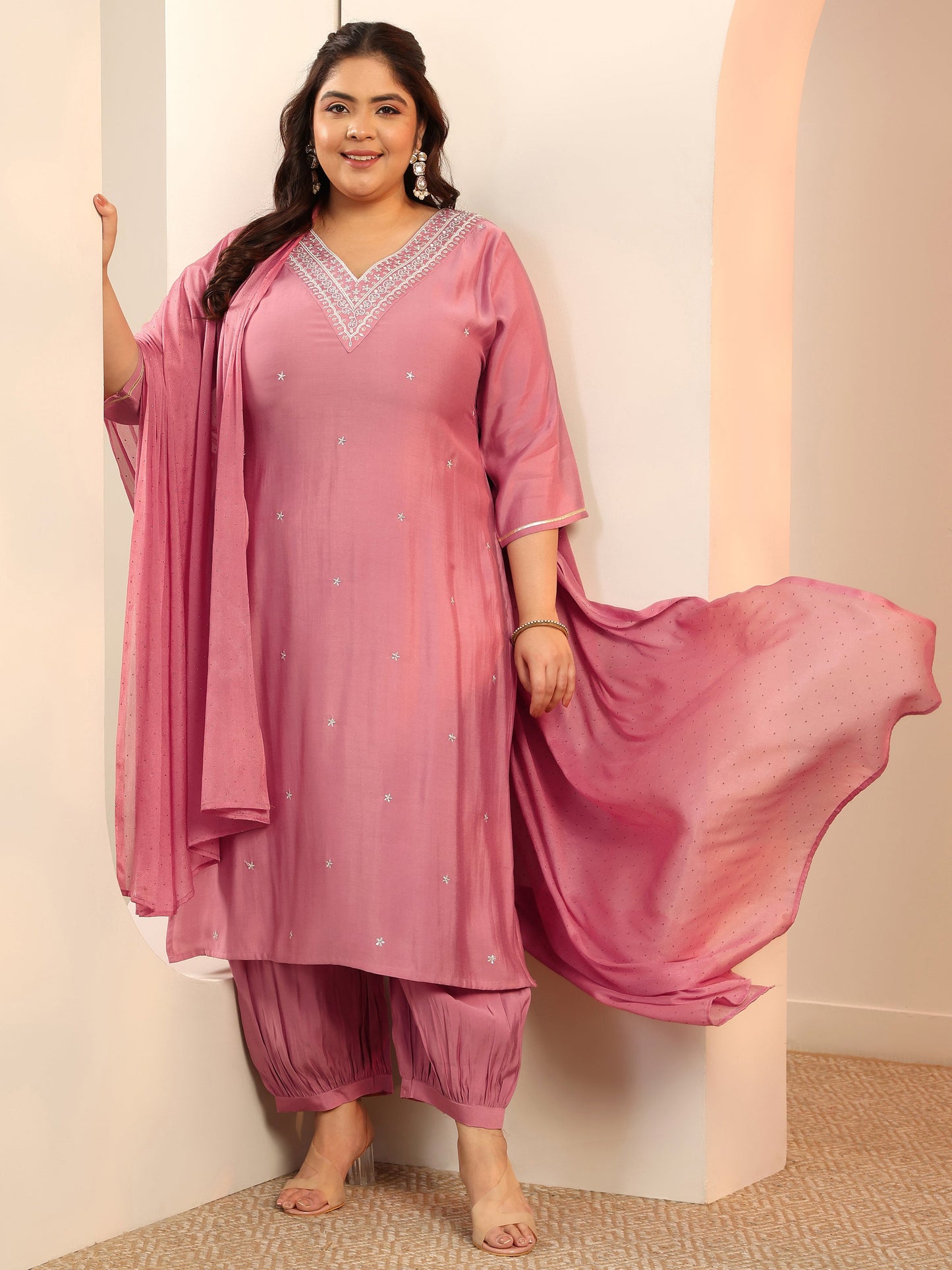 Plus Size Mauve Embroidered Silk blend Straight Suit Set With Dupatta