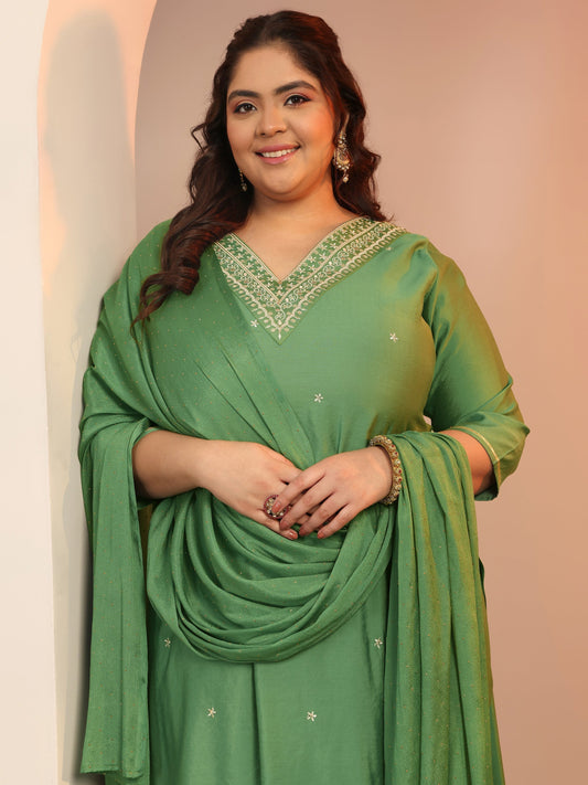 Plus Size Green Embroidered Silk blend Straight Suit Set With Dupatta
