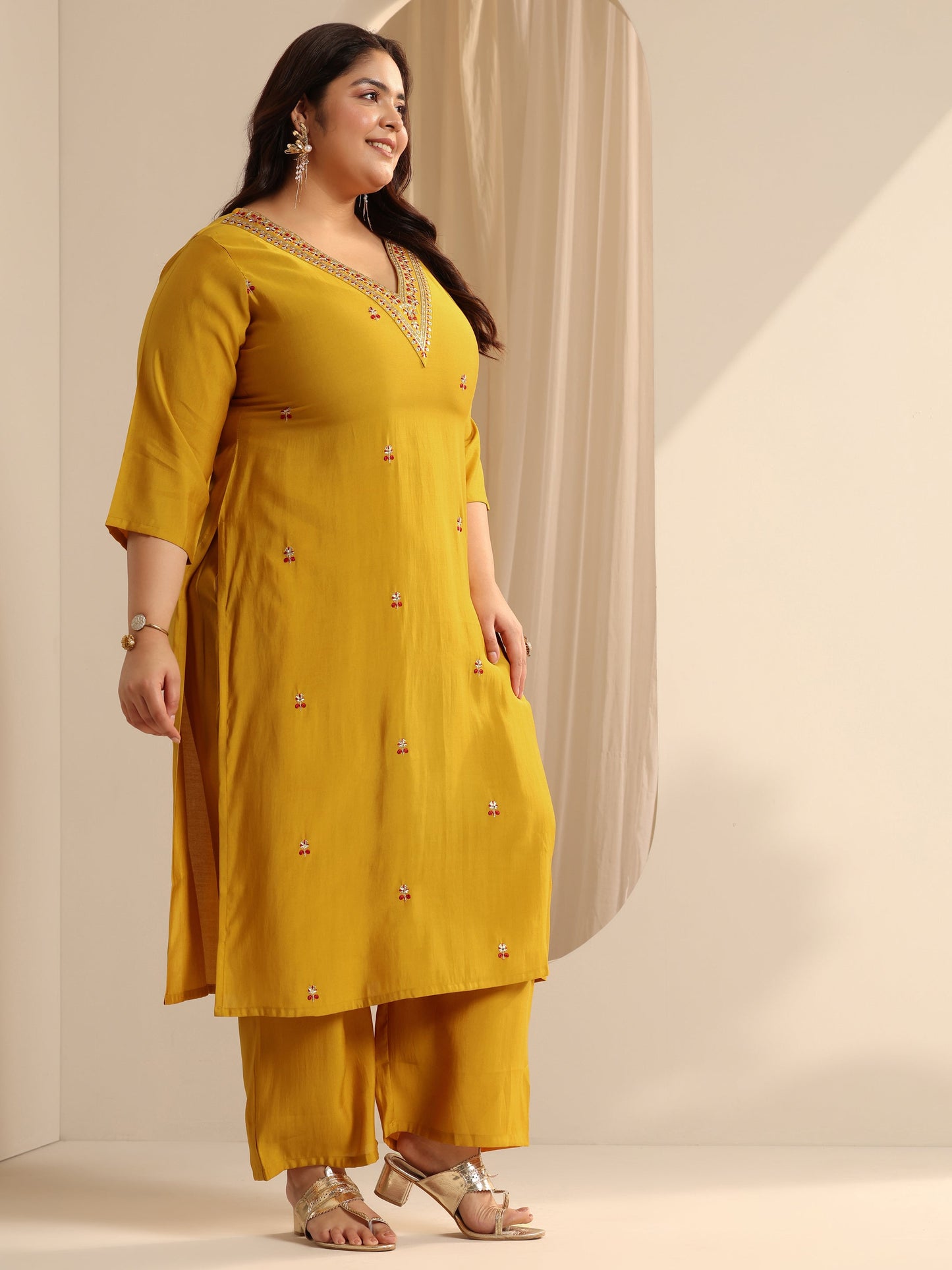 Plus Size Mustard Embroidered Silk blend Straight Suit Set With Dupatta