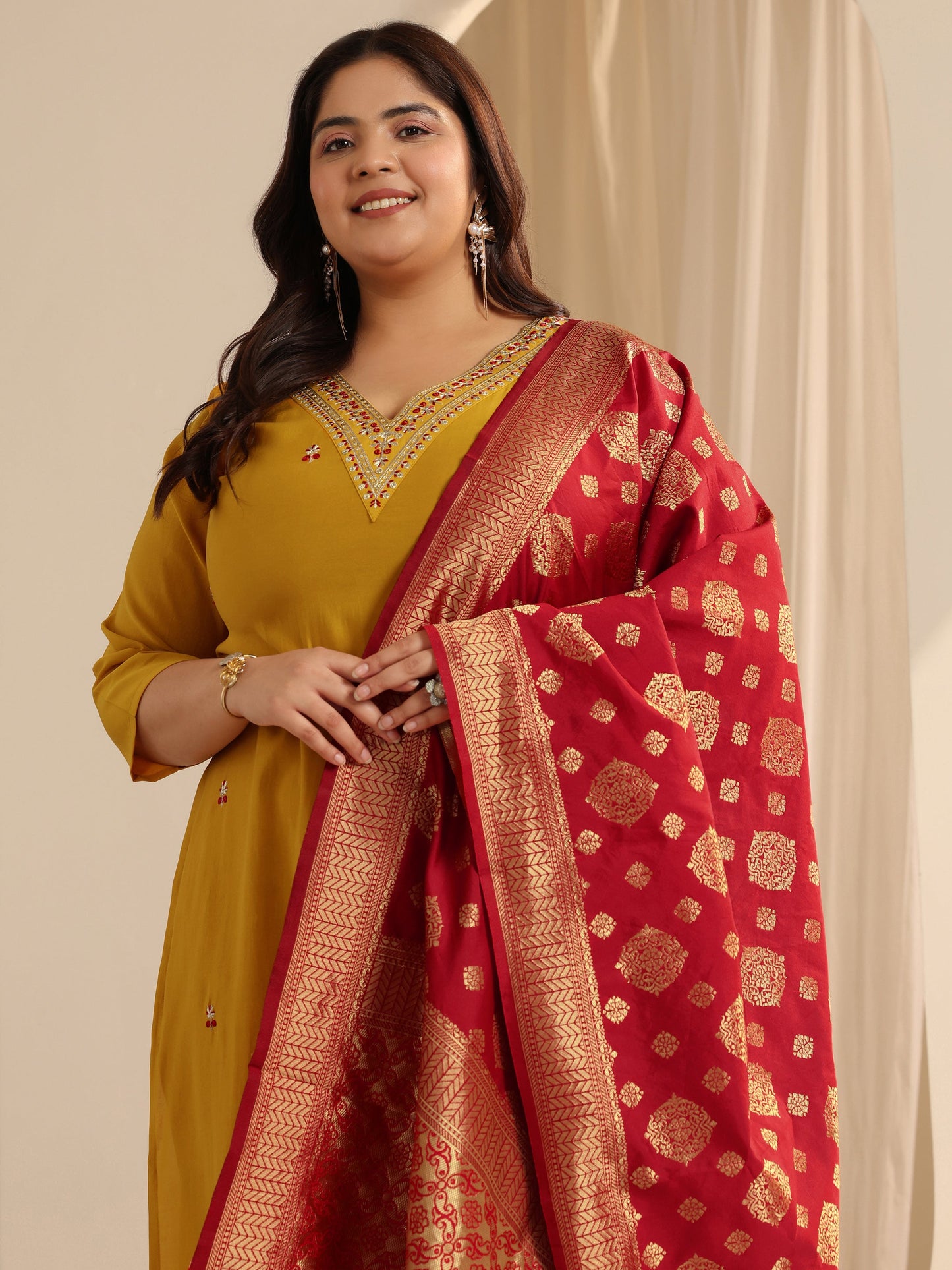 Plus Size Mustard Embroidered Silk blend Straight Suit Set With Dupatta