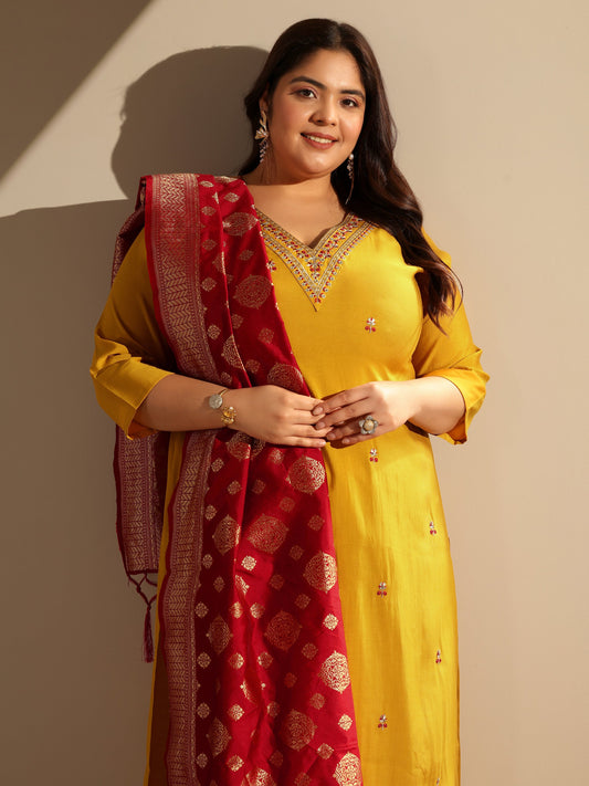 Plus Size Mustard Embroidered Silk blend Straight Suit Set With Dupatta