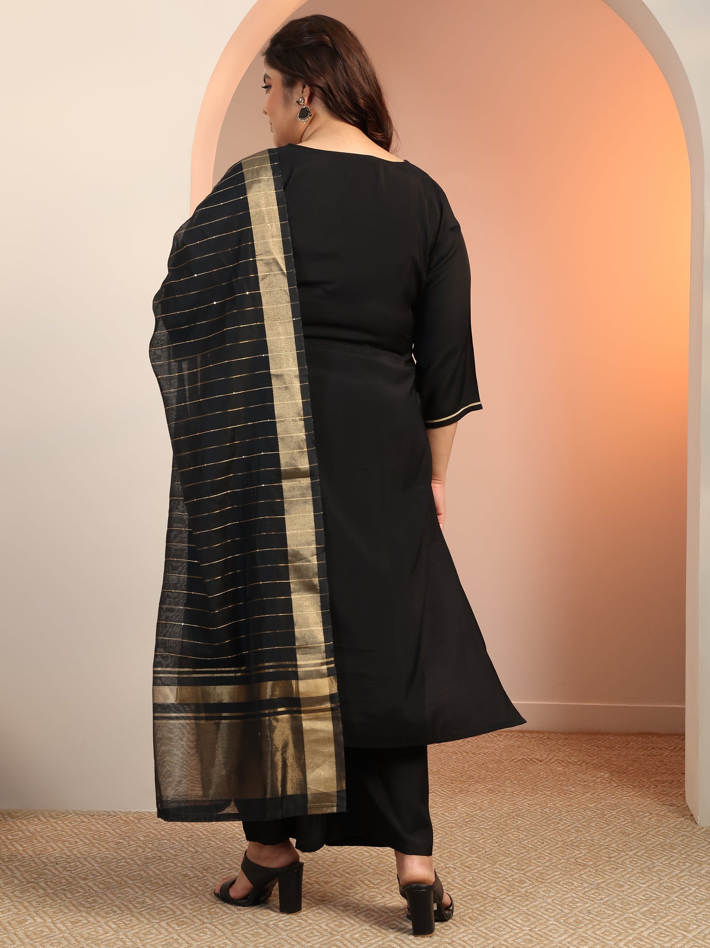 Plus Size Black Embroidered Silk blend Straight Suit Set With Dupatta