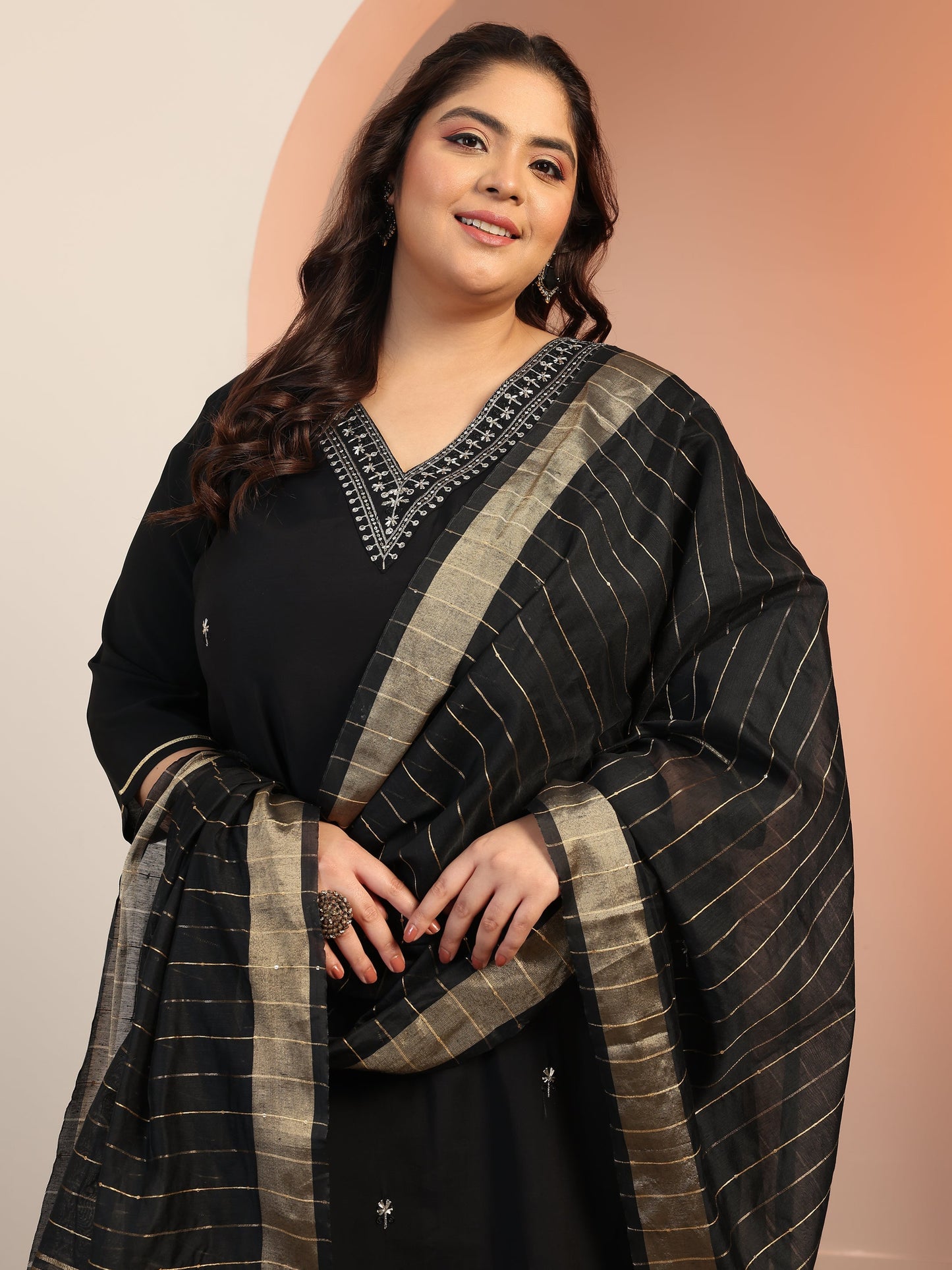 Plus Size Black Embroidered Silk blend Straight Suit Set With Dupatta