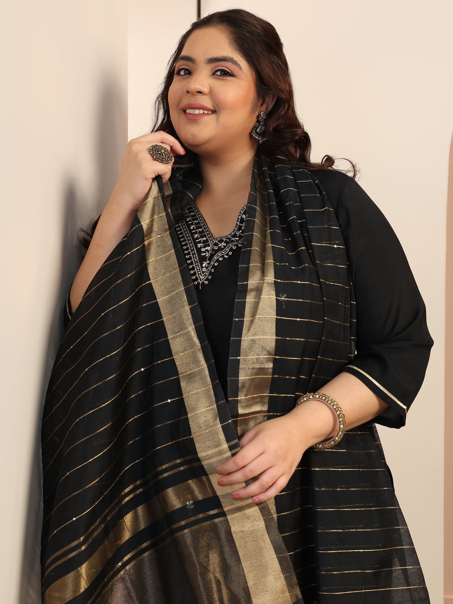 Plus Size Black Embroidered Silk blend Straight Suit Set With Dupatta