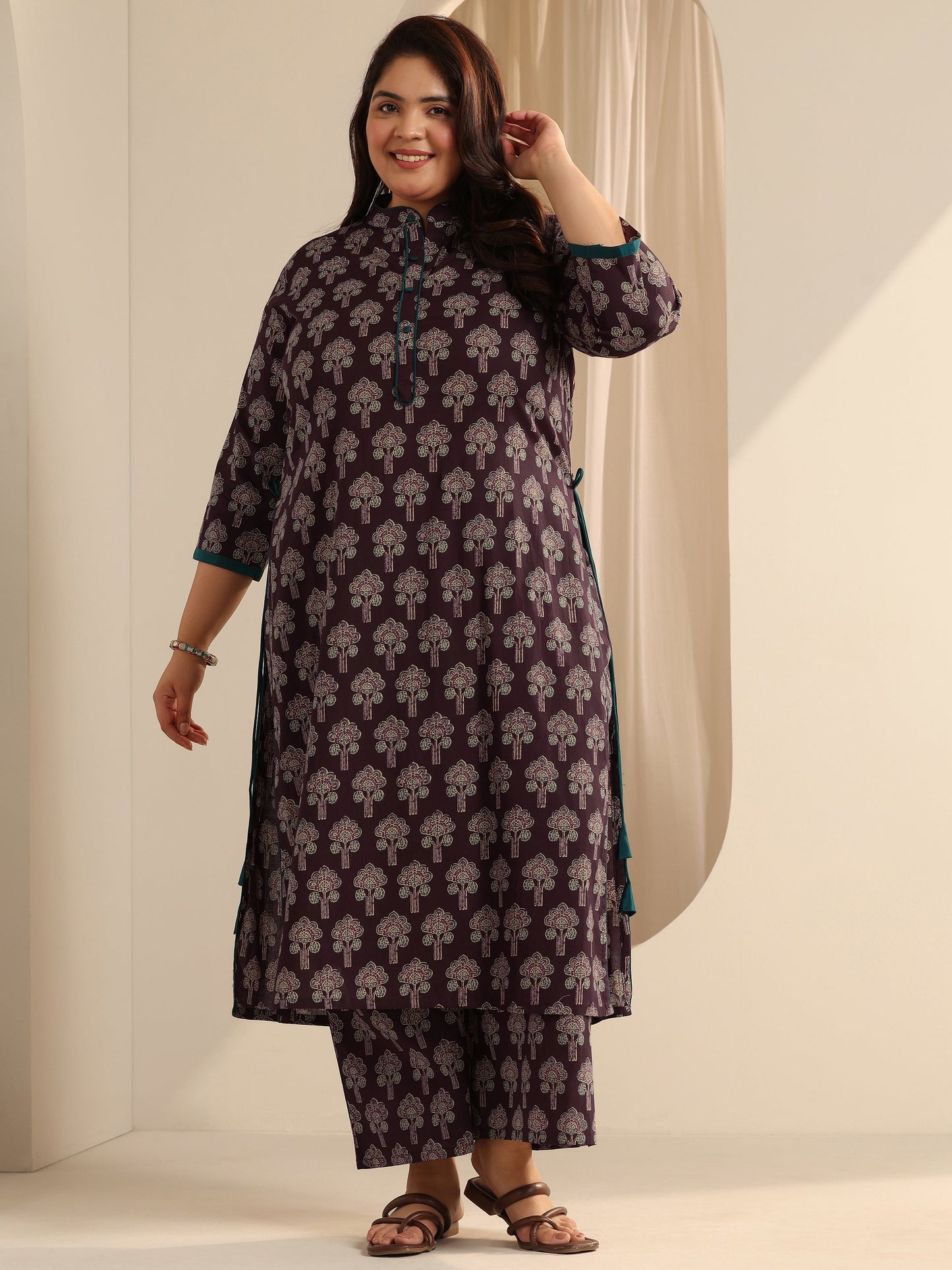Plus Size Wine Printed Cotton Straight Kurta Set