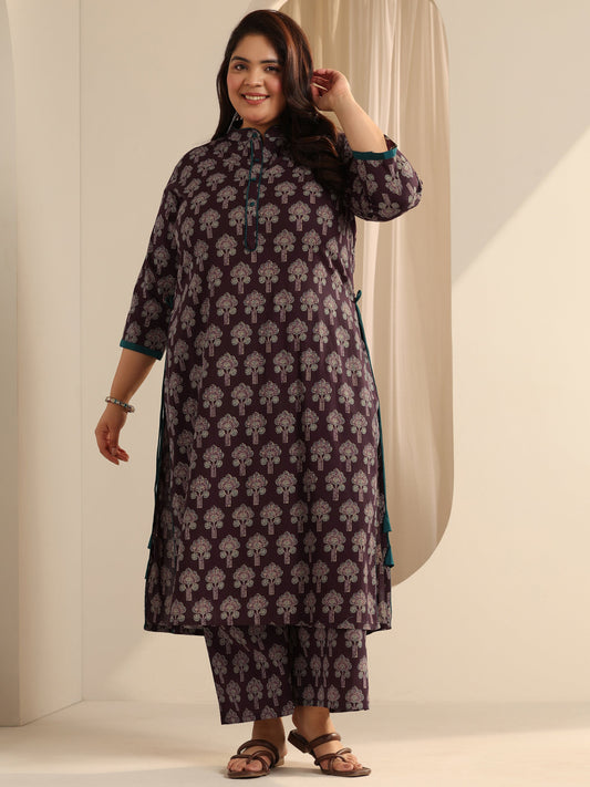 Plus Size Wine Printed Cotton Straight Kurta Set