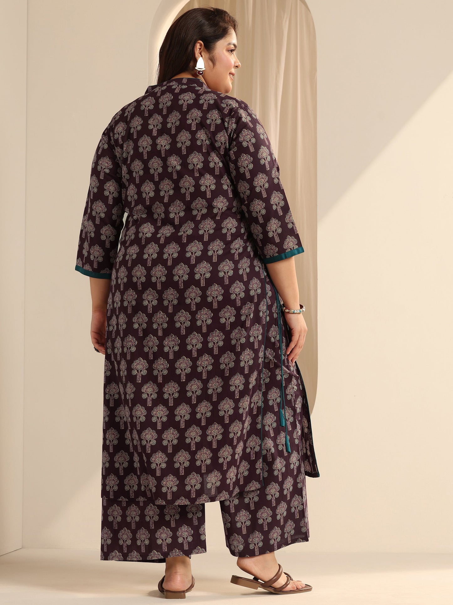 Plus Size Wine Printed Cotton Straight Kurta Set
