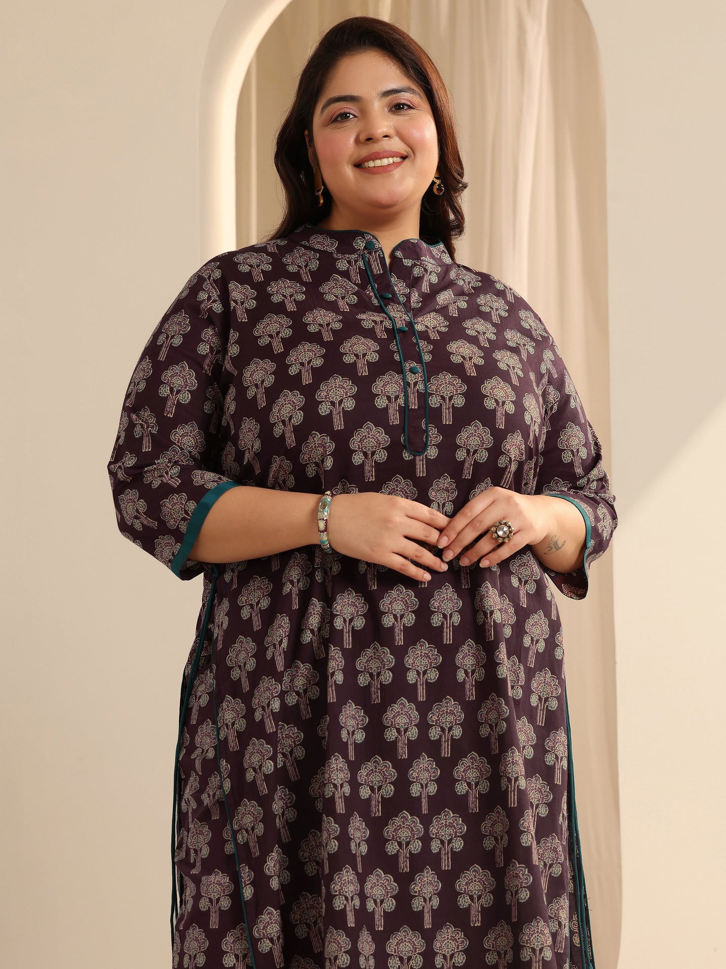 Plus Size Wine Printed Cotton Straight Kurta Set