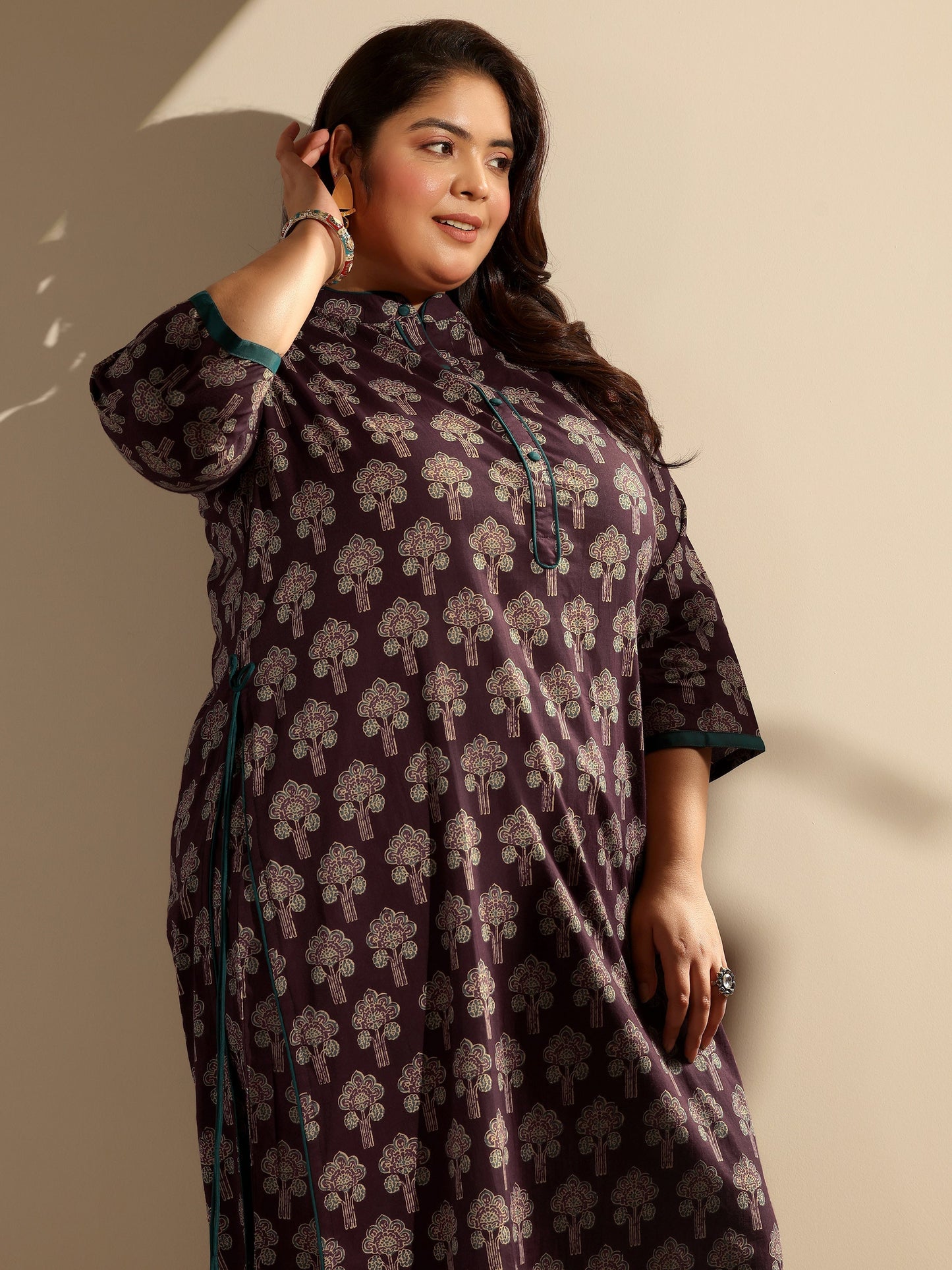 Plus Size Wine Printed Cotton Straight Kurta Set