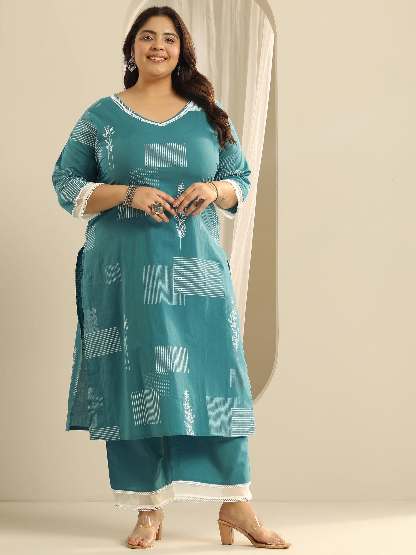 Plus Size Blue Printed Cotton Straight Kurta Set