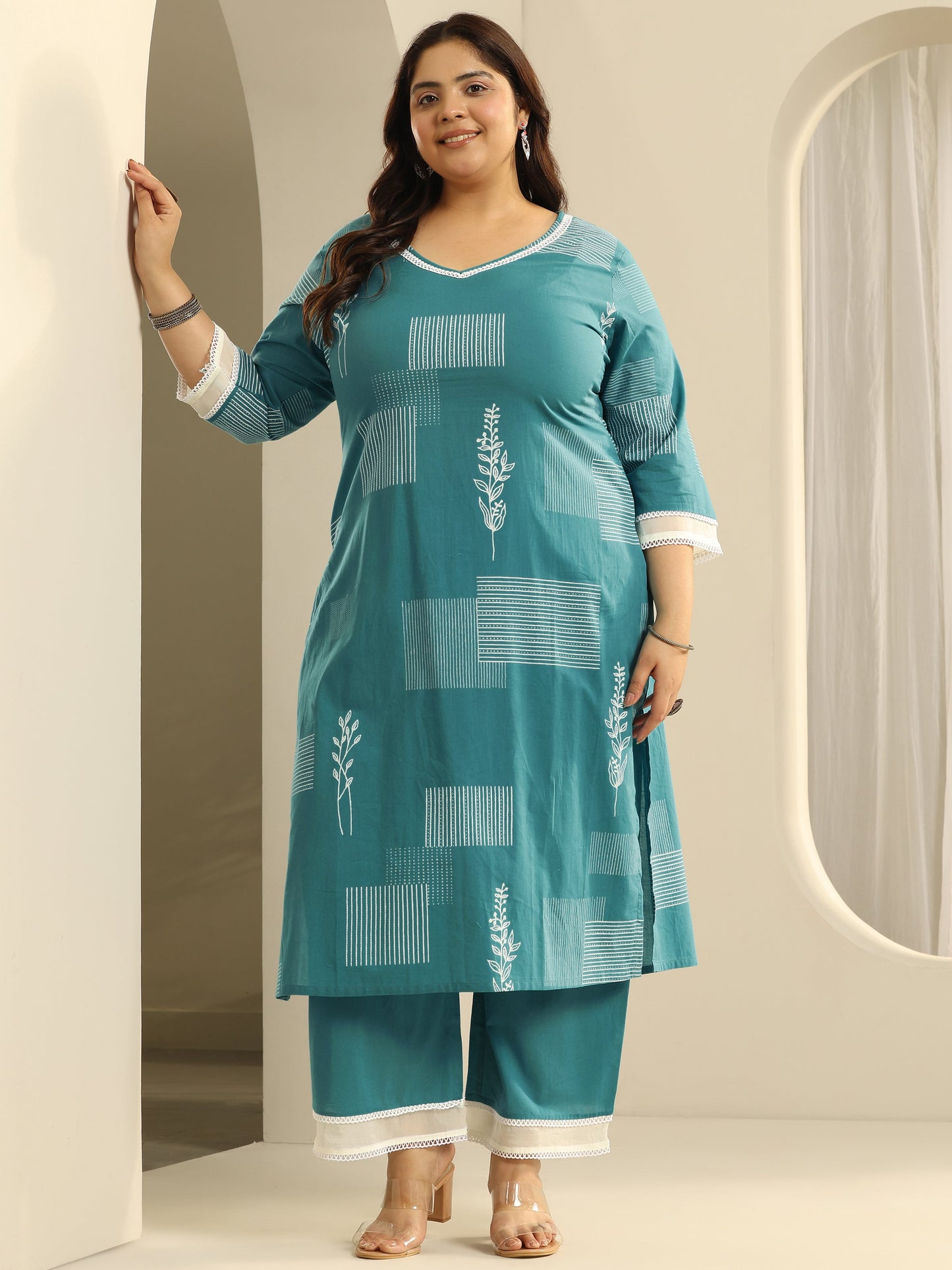 Plus Size Blue Printed Cotton Straight Kurta Set