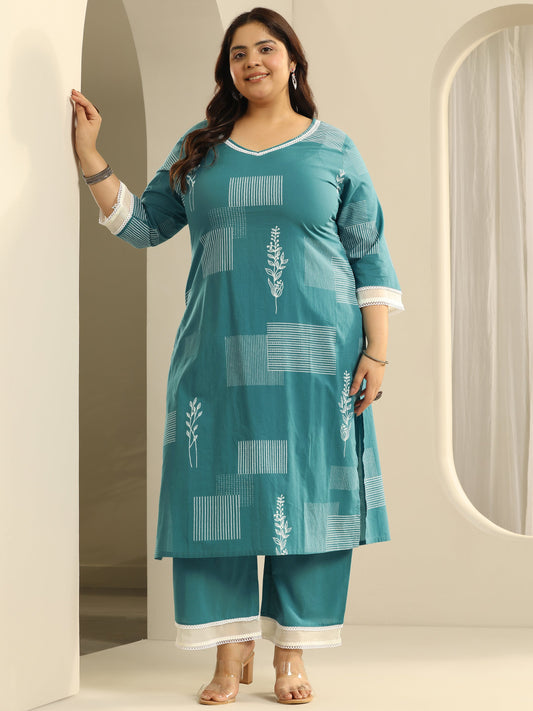 Plus Size Blue Printed Cotton Straight Kurta Set