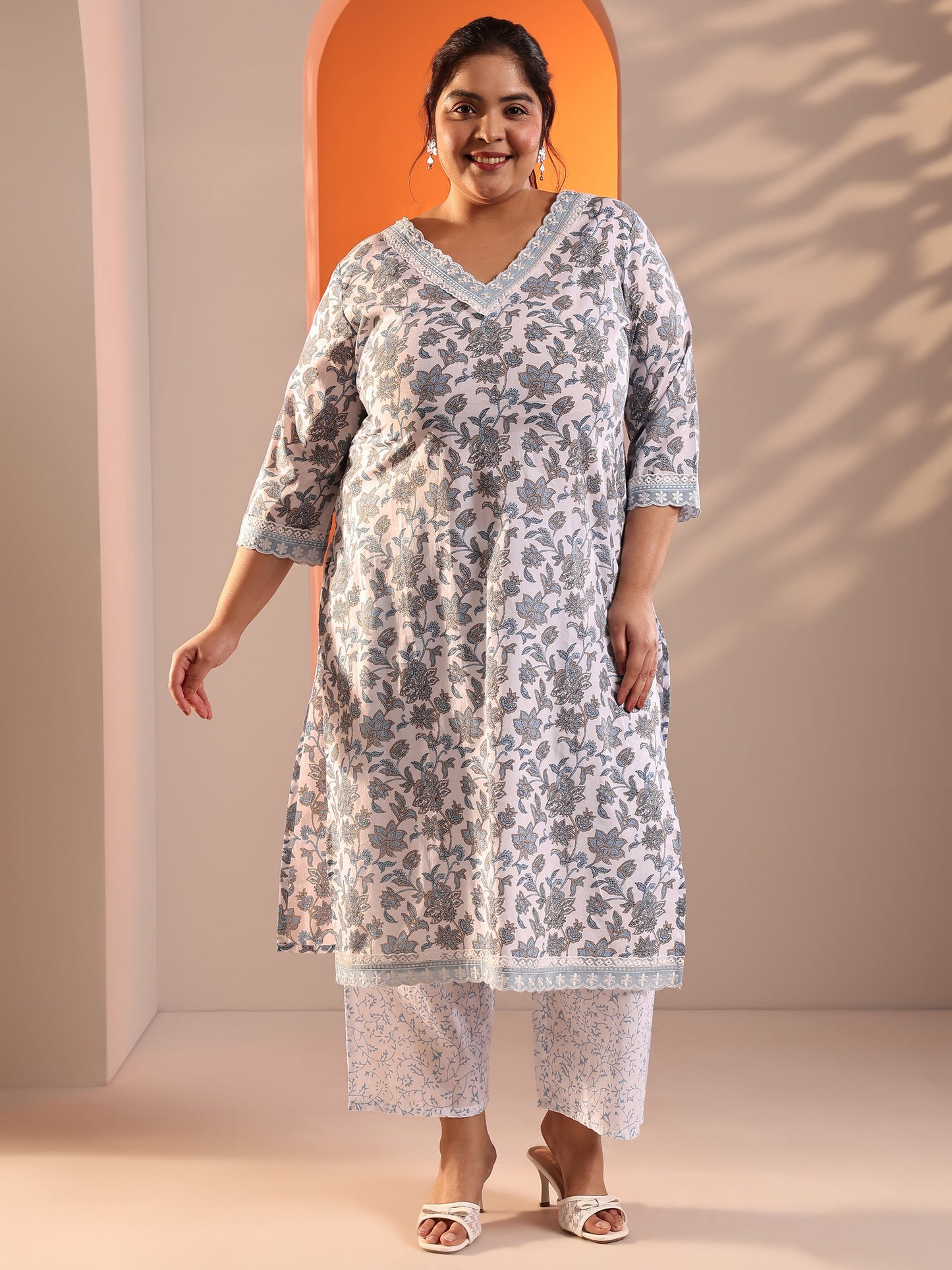 Plus Size White Printed Cotton Straight Kurta Set