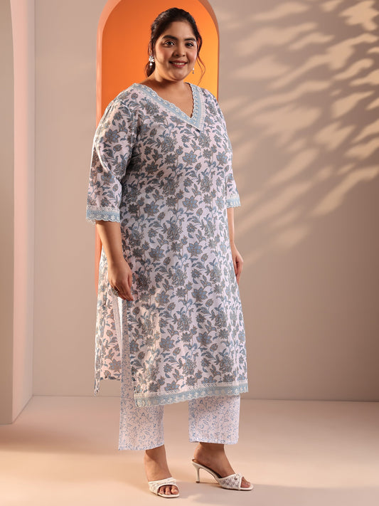 Plus Size White Printed Cotton Straight Kurta Set