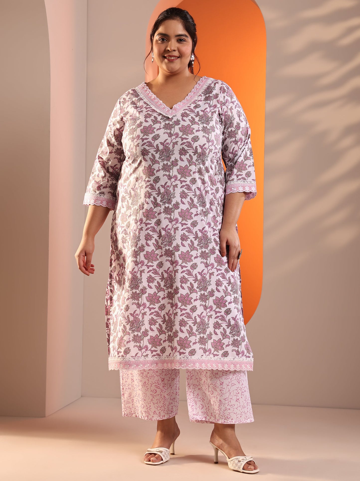 Plus Size White Printed Cotton Straight Kurta Set