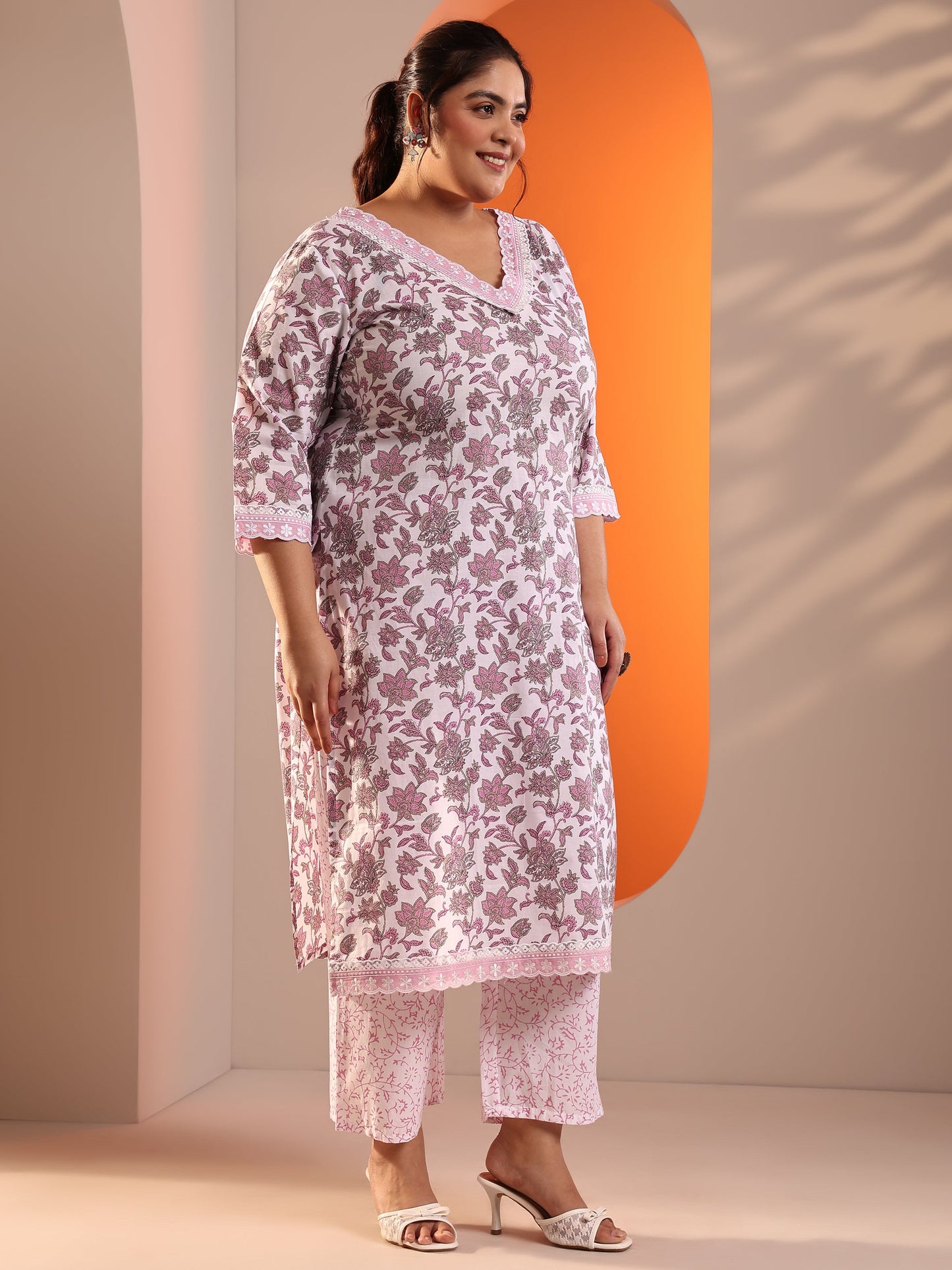 Plus Size White Printed Cotton Straight Kurta Set
