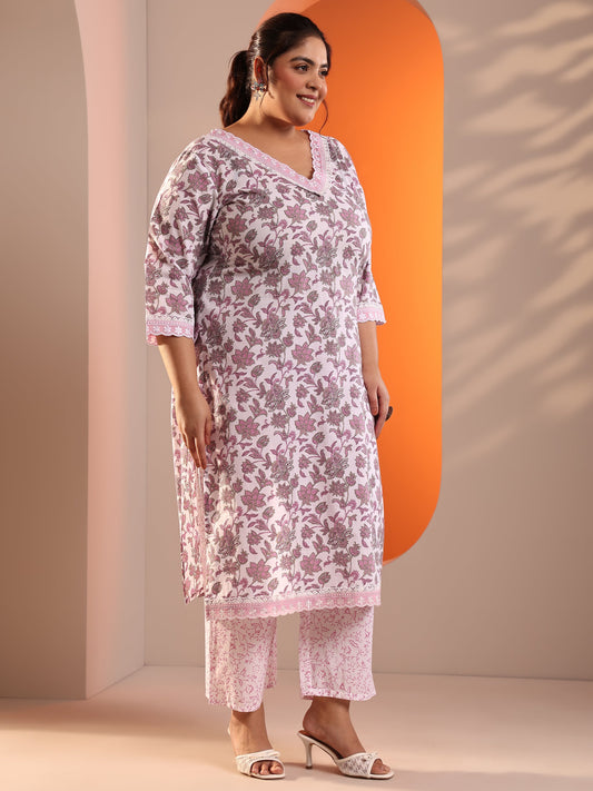 Plus Size White Printed Cotton Straight Kurta Set