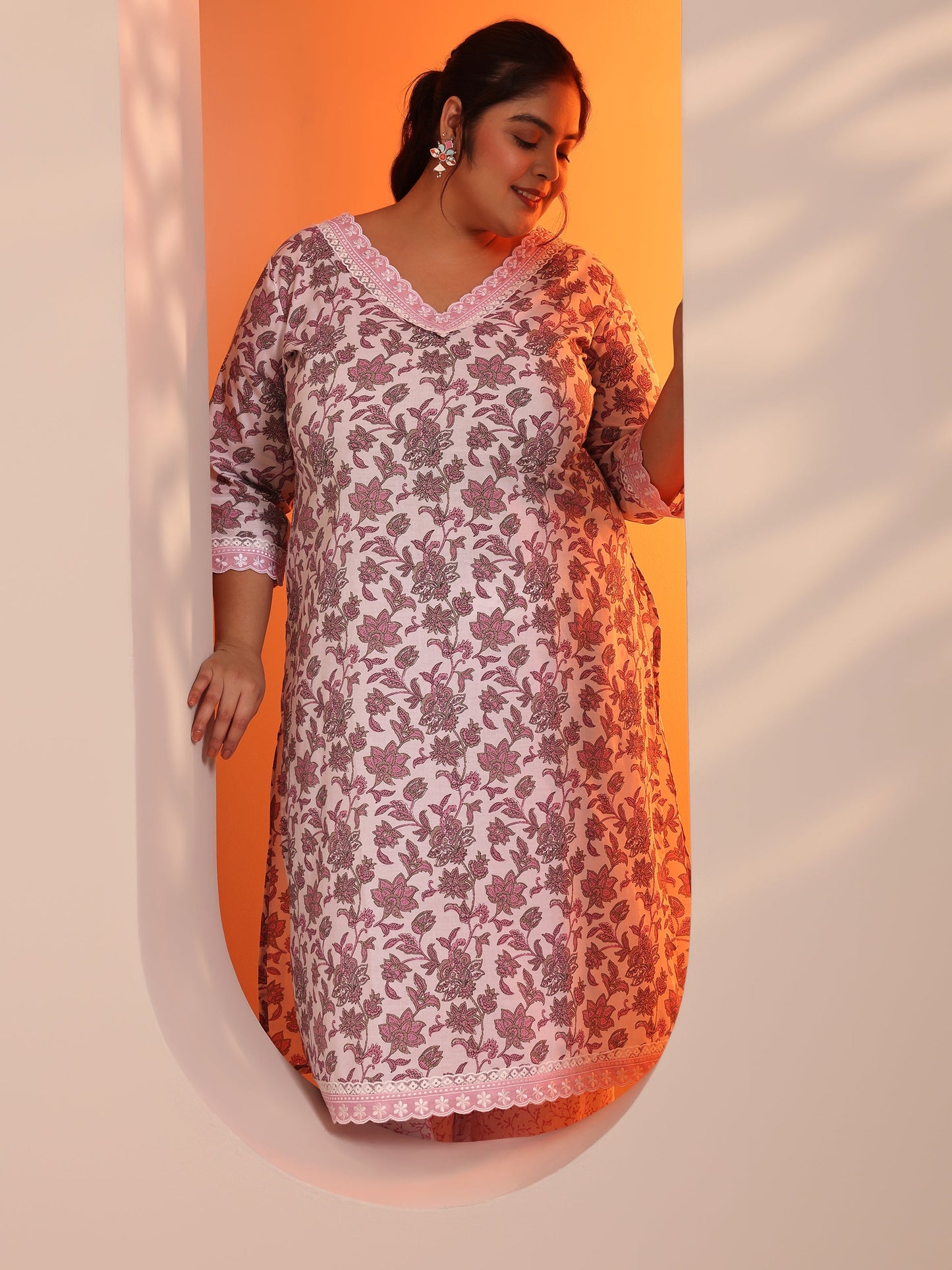 Plus Size White Printed Cotton Straight Kurta Set