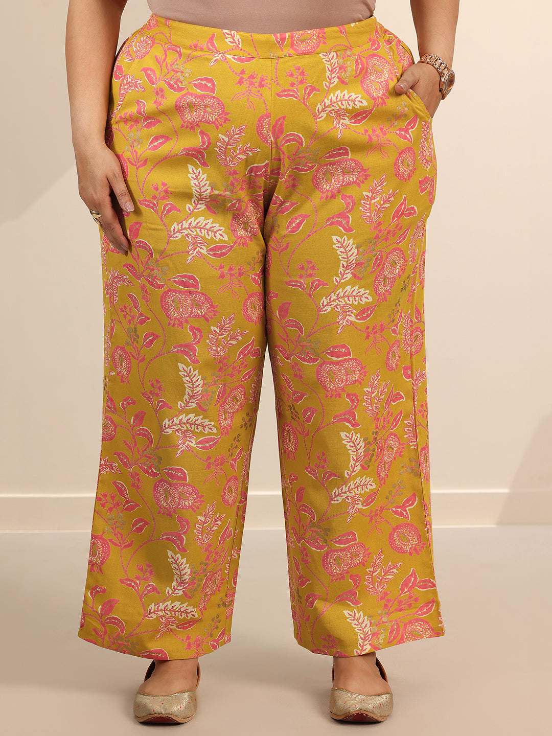 Plus Size Yellow Printed Cotton Blend Straight Kurta Set