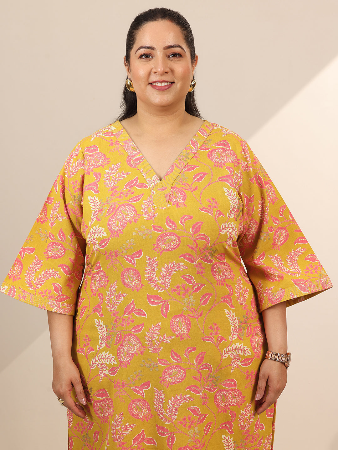 Plus Size Yellow Printed Cotton Blend Straight Kurta Set