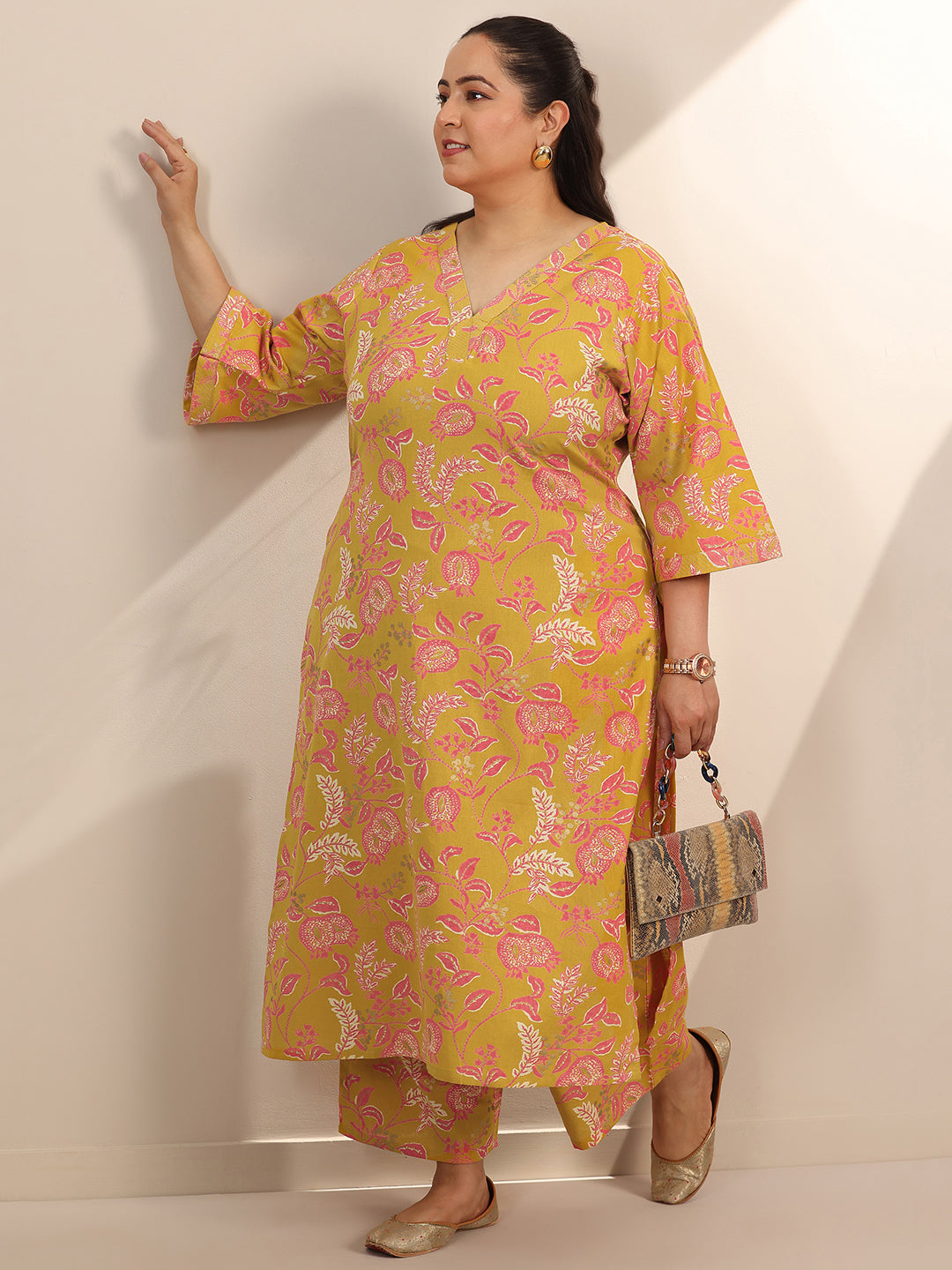 Plus Size Yellow Printed Cotton Blend Straight Kurta Set