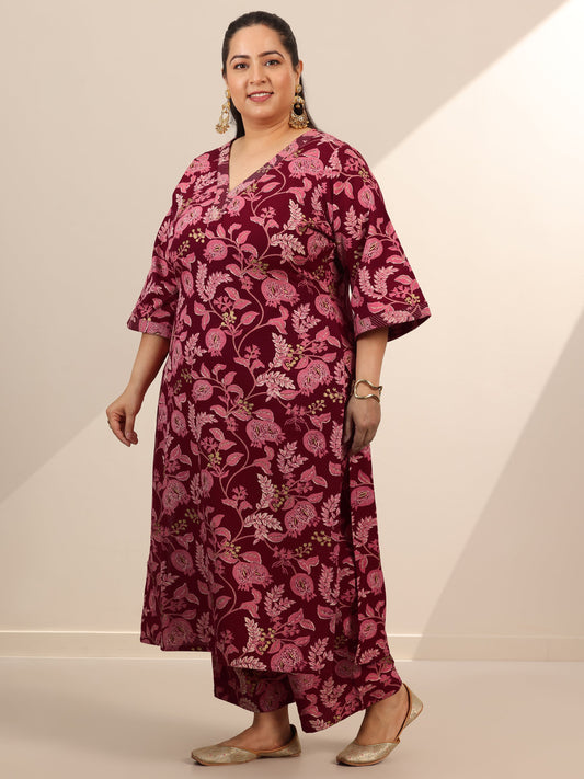 Plus Size Maroon Printed Cotton Blend Straight Kurta Set