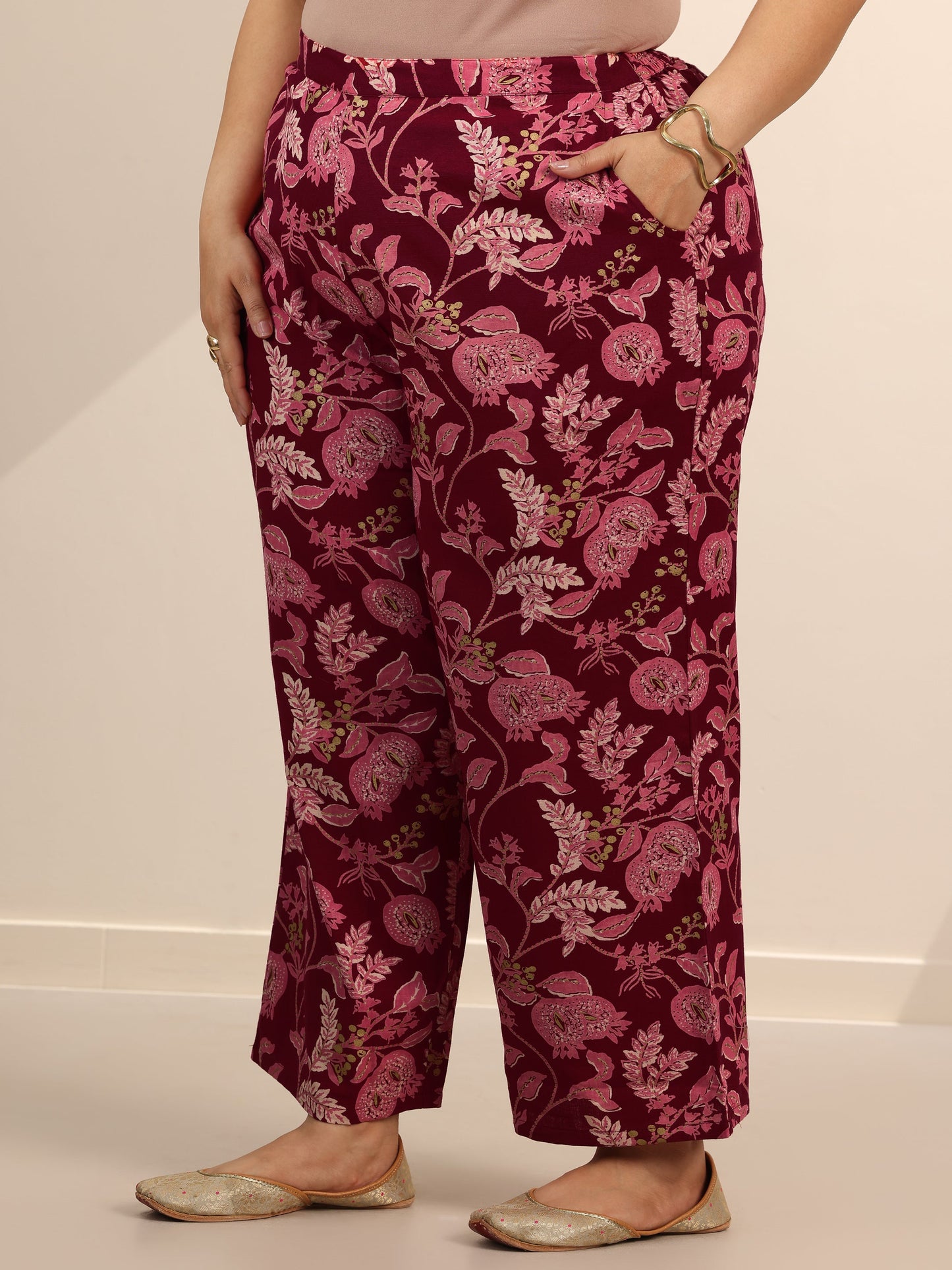 Plus Size Maroon Printed Cotton Blend Straight Kurta Set