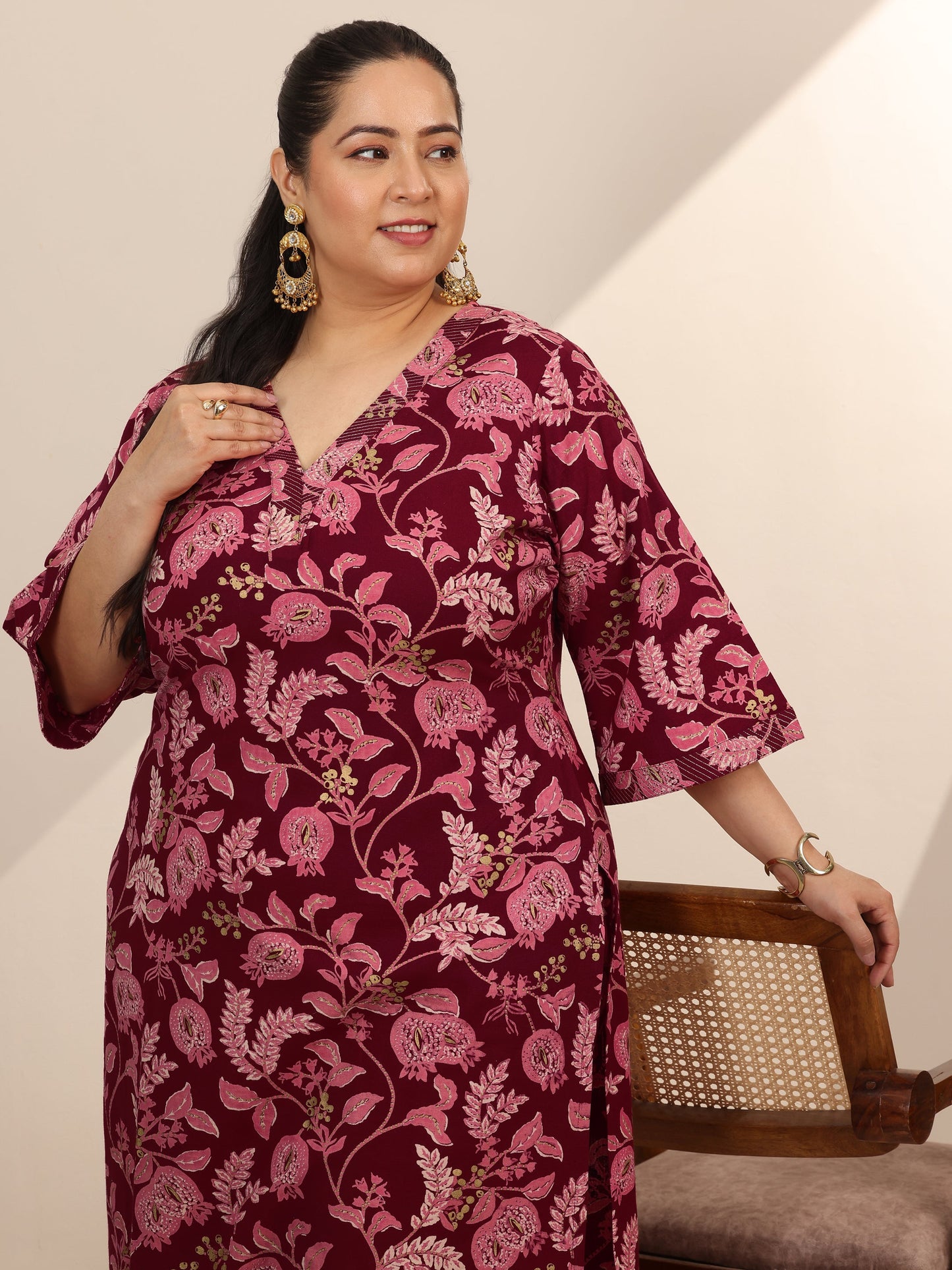 Plus Size Maroon Printed Cotton Blend Straight Kurta Set