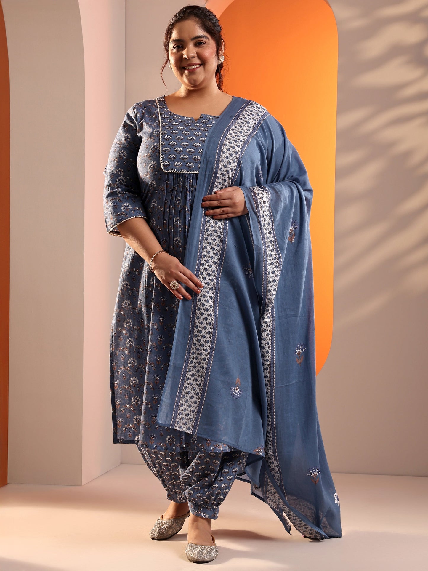 Plus Size Blue Printed Cotton Straight Suit Set With Dupatta