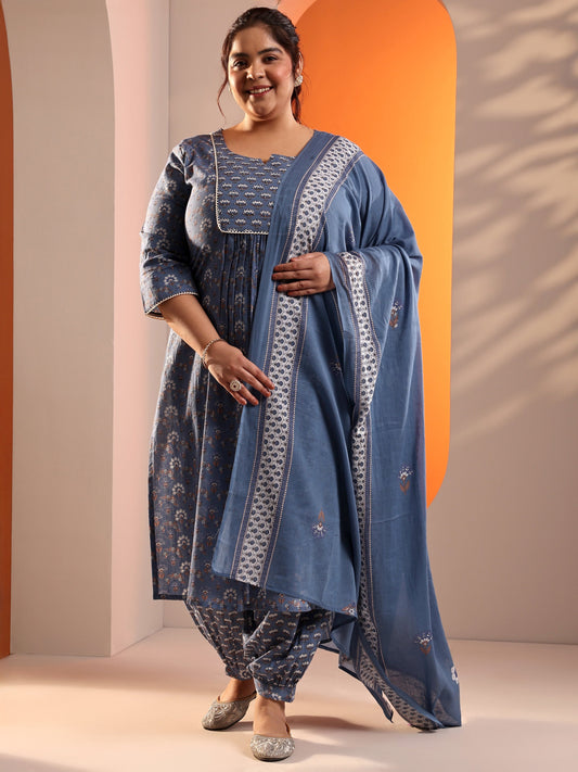 Plus Size Blue Printed Cotton Straight Suit Set With Dupatta