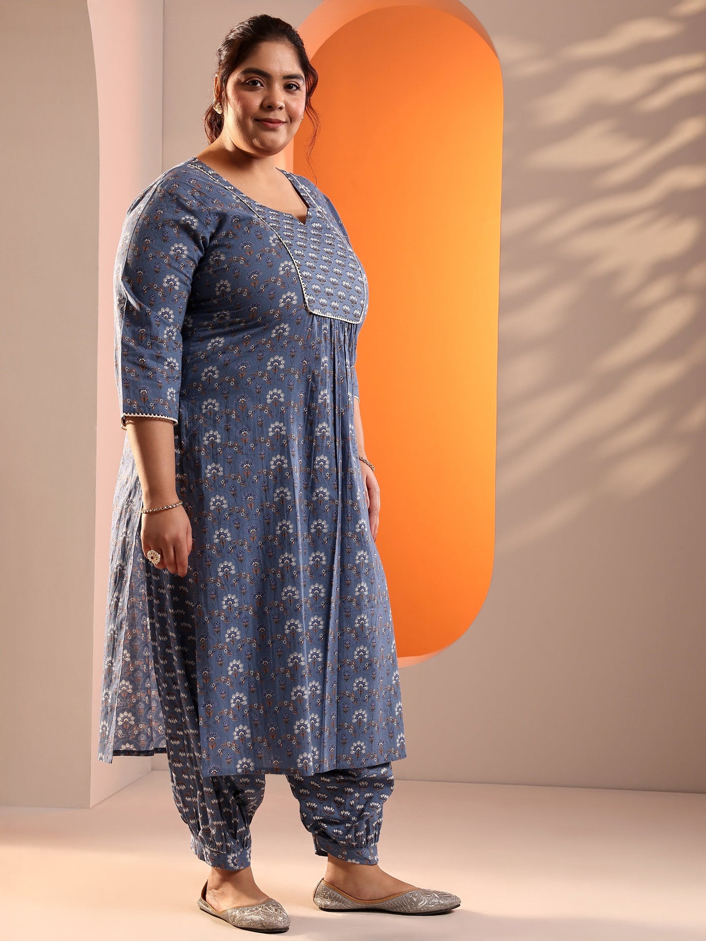 Plus Size Blue Printed Cotton Straight Suit Set With Dupatta