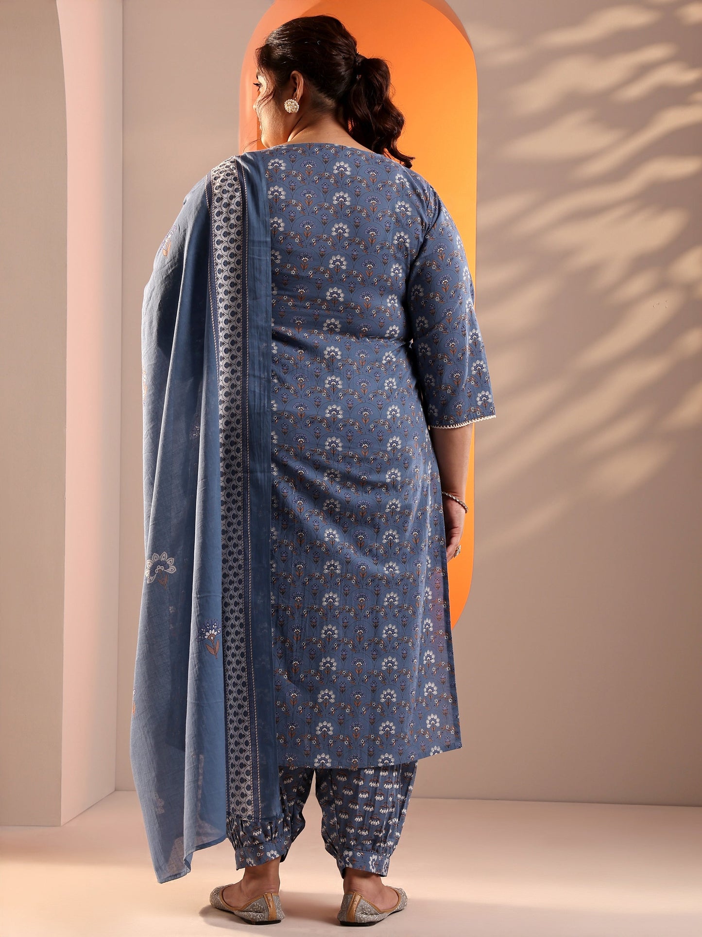 Plus Size Blue Printed Cotton Straight Suit Set With Dupatta