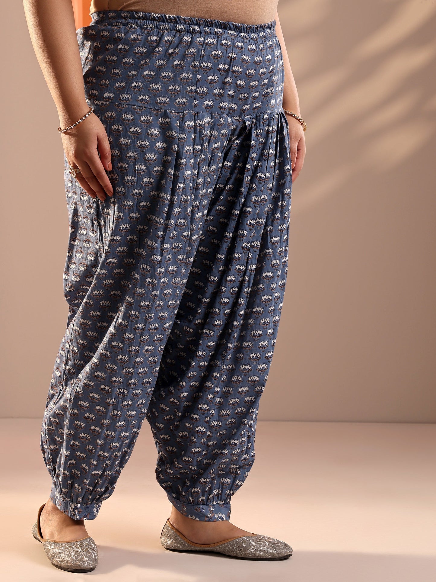 Plus Size Blue Printed Cotton Straight Suit Set With Dupatta