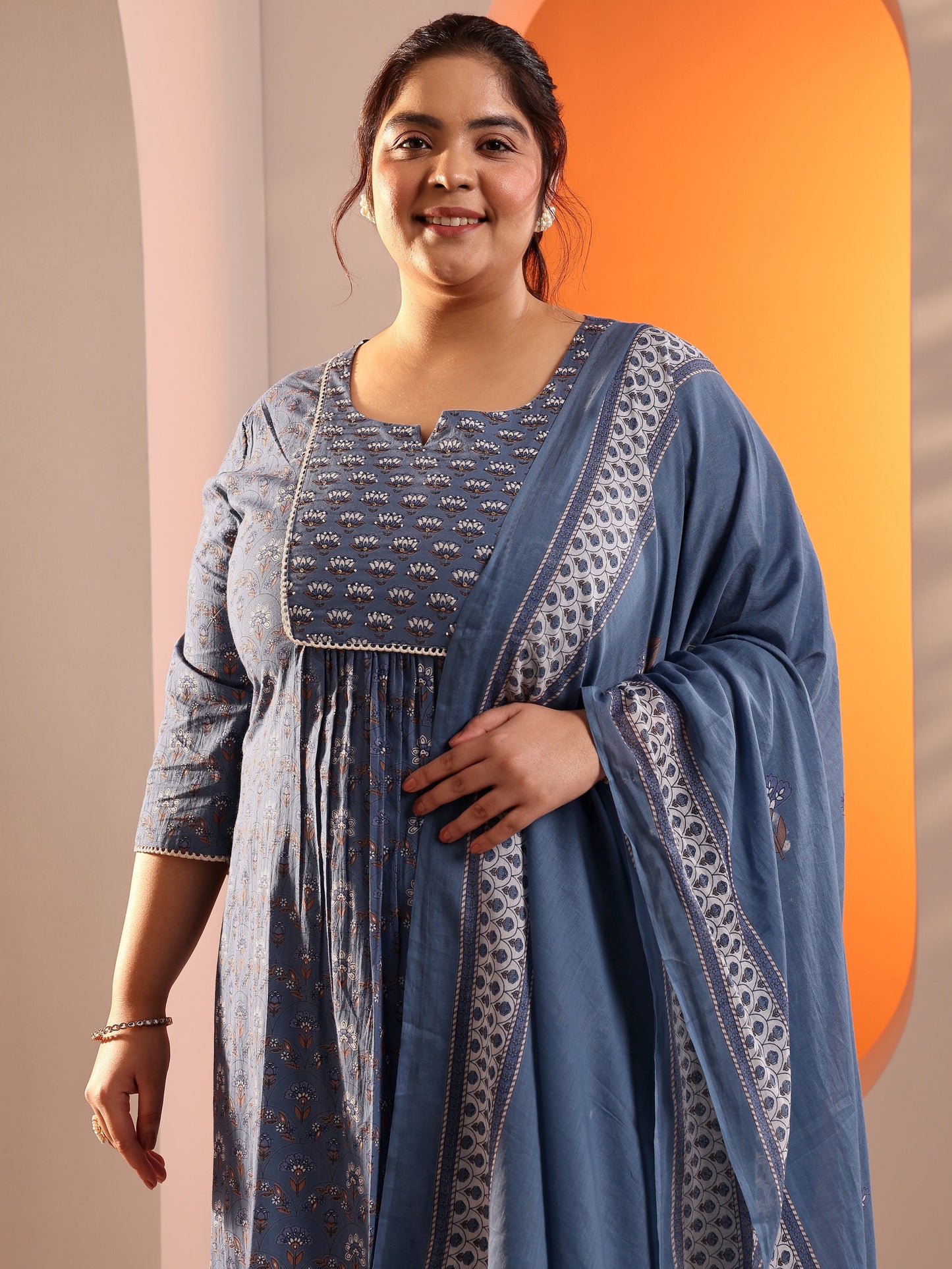 Plus Size Blue Printed Cotton Straight Suit Set With Dupatta