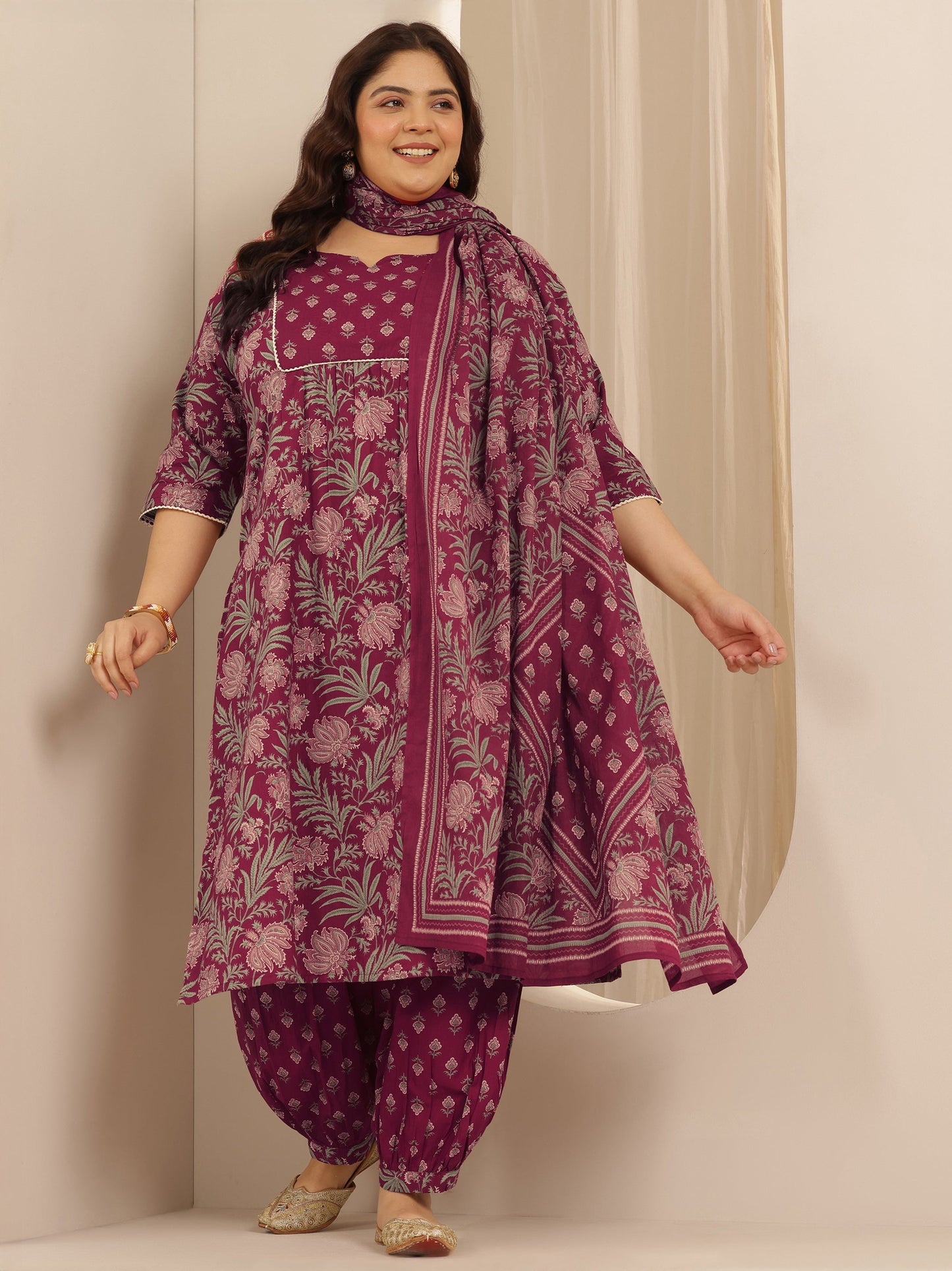 Plus Size Pink Printed Cotton Straight Suit Set With Dupatta