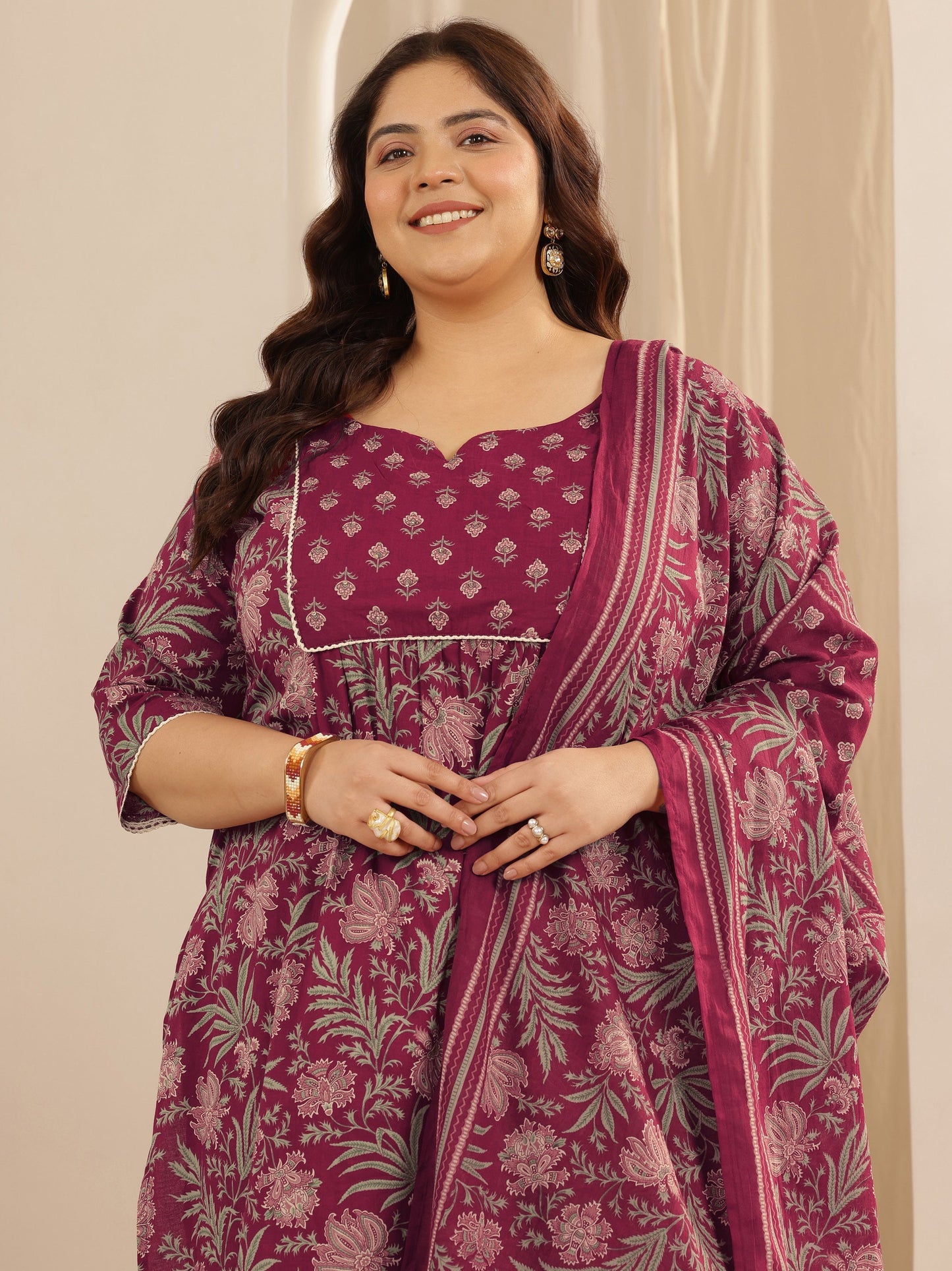 Plus Size Pink Printed Cotton Straight Suit Set With Dupatta