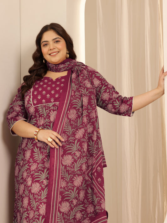 Plus Size Pink Printed Cotton Straight Suit Set With Dupatta