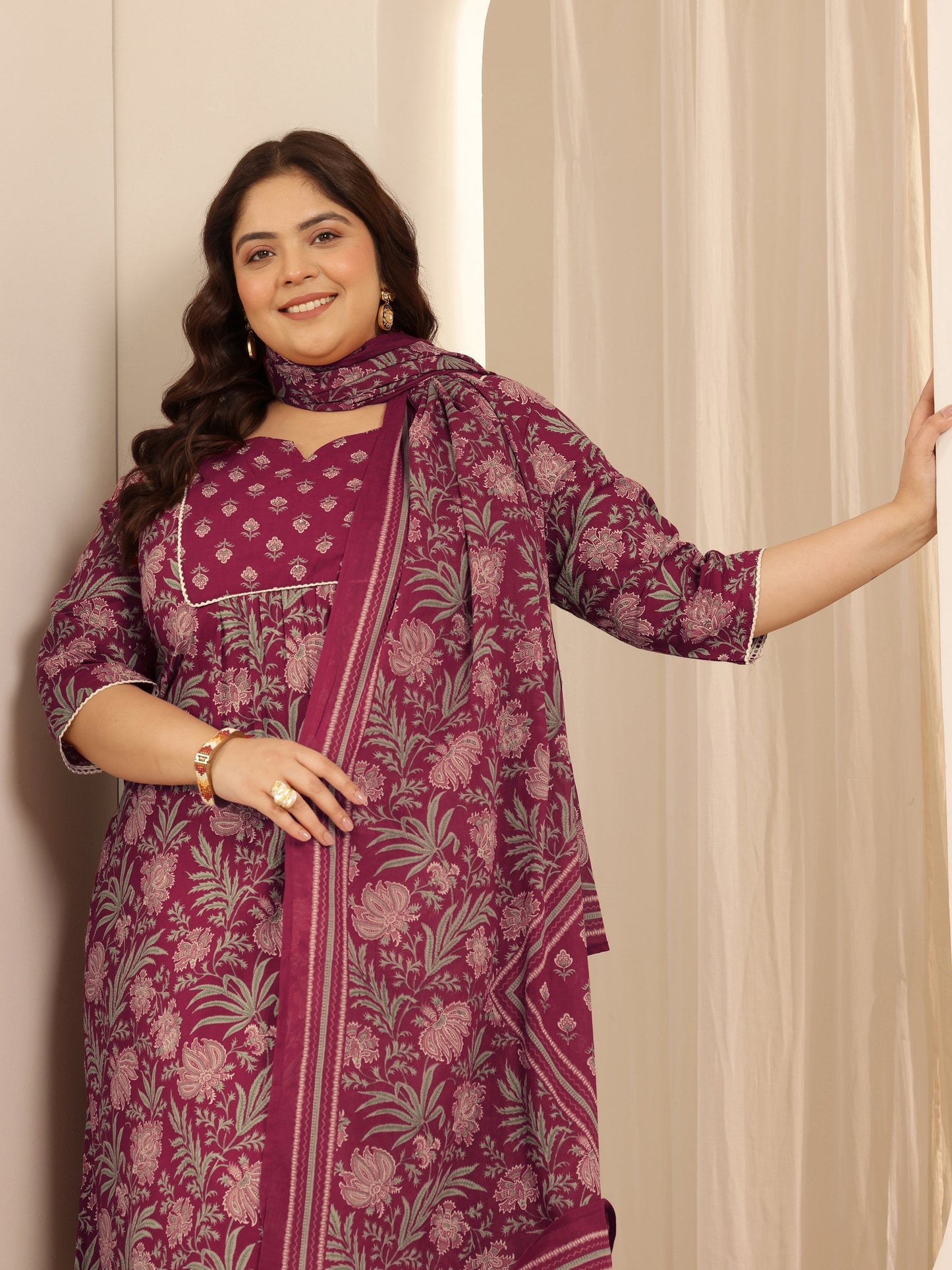 Plus Size Pink Printed Cotton Straight Suit Set With Dupatta