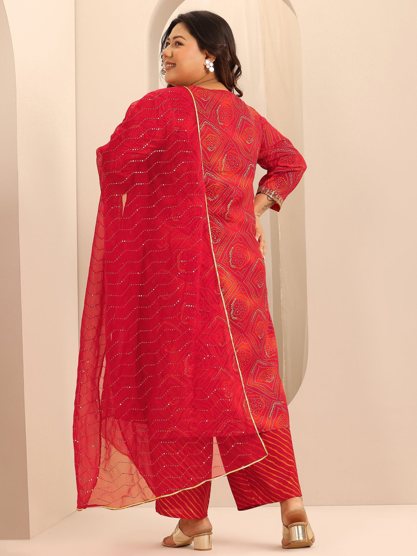 Plus Size Red Printed Silk Blend Straight Suit Set With Dupatta