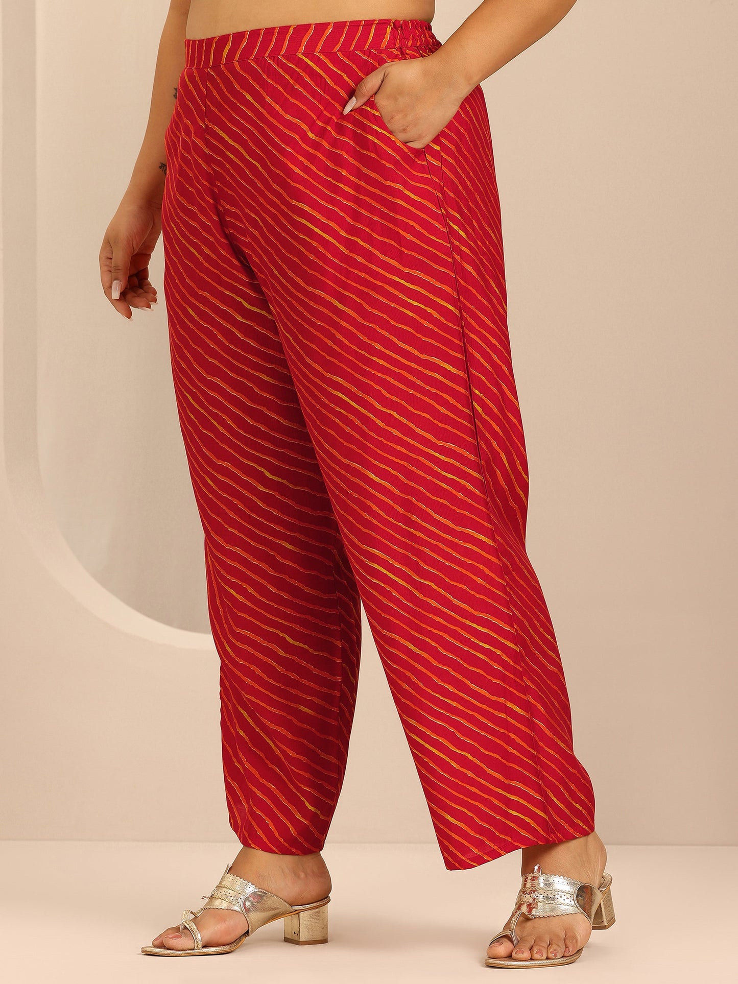 Plus Size Red Printed Silk Blend Straight Suit Set With Dupatta