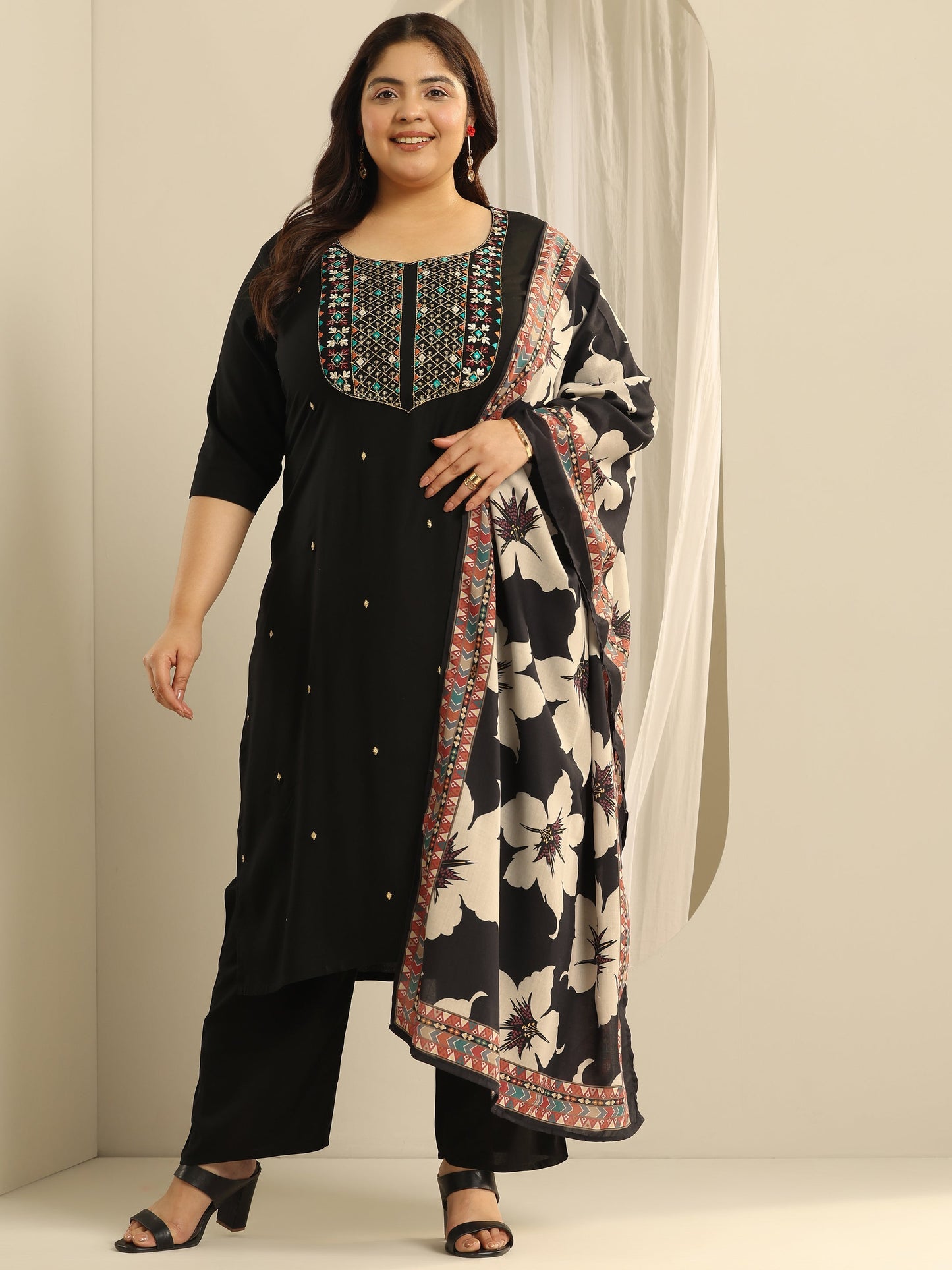 Plus Size Black Embroidered Viscose Straight Suit Set With Dupatta