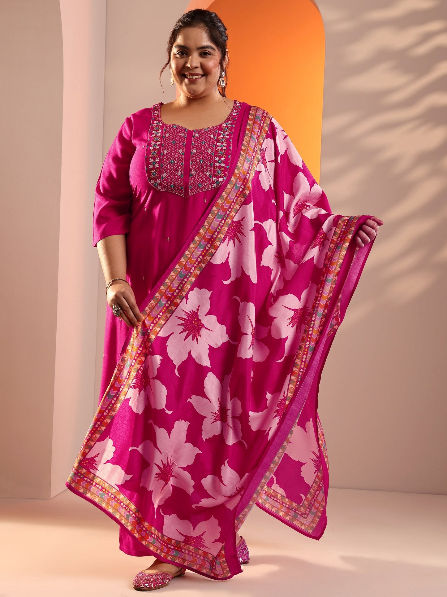 Plus Size Pink Embroidered Viscose Straight Suit Set With Dupatta