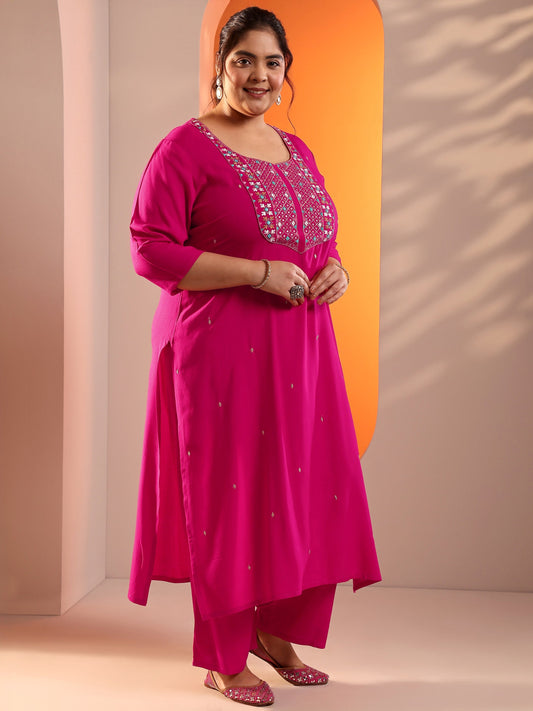 Plus Size Pink Embroidered Viscose Straight Suit Set With Dupatta