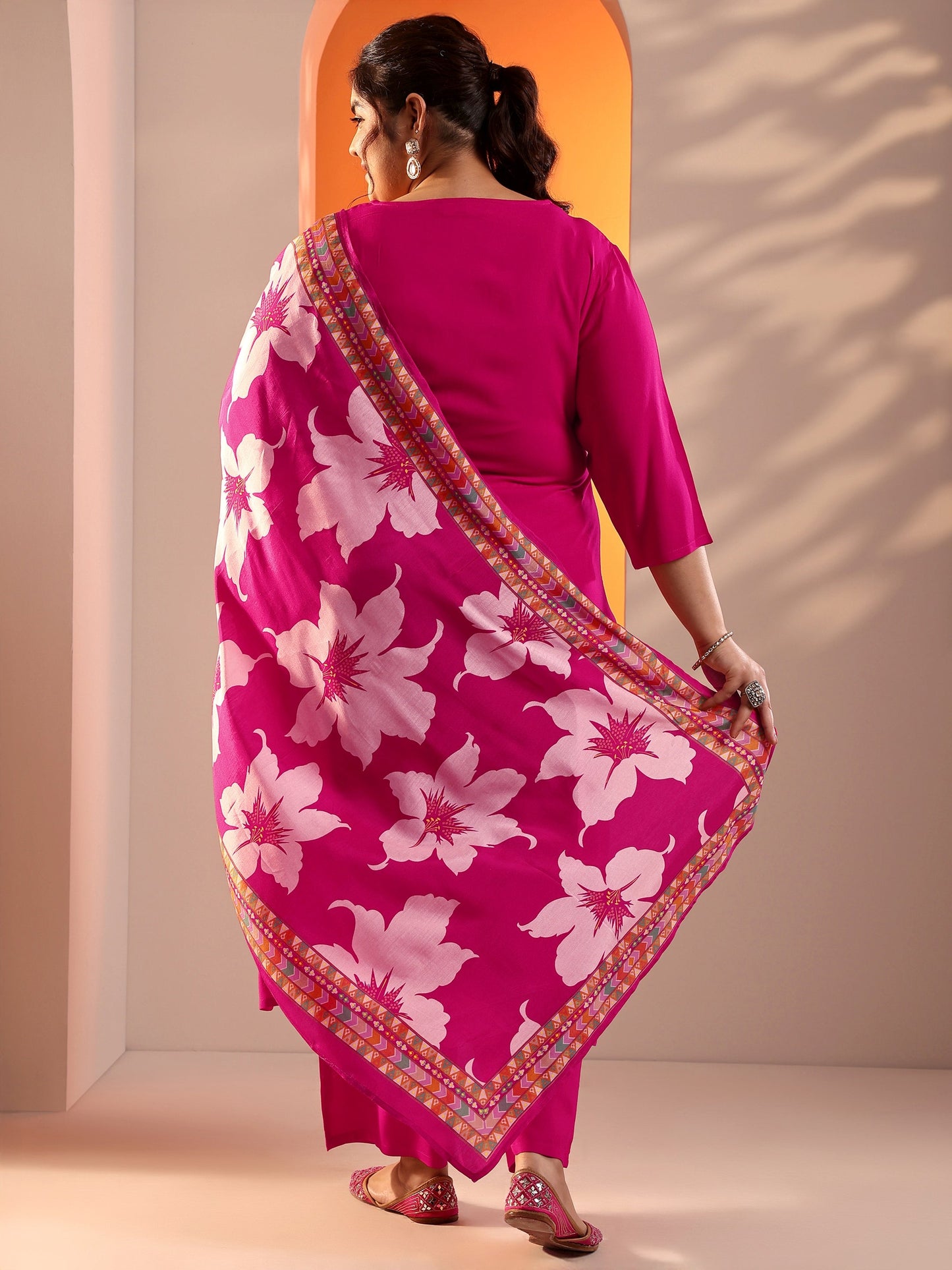 Plus Size Pink Embroidered Viscose Straight Suit Set With Dupatta