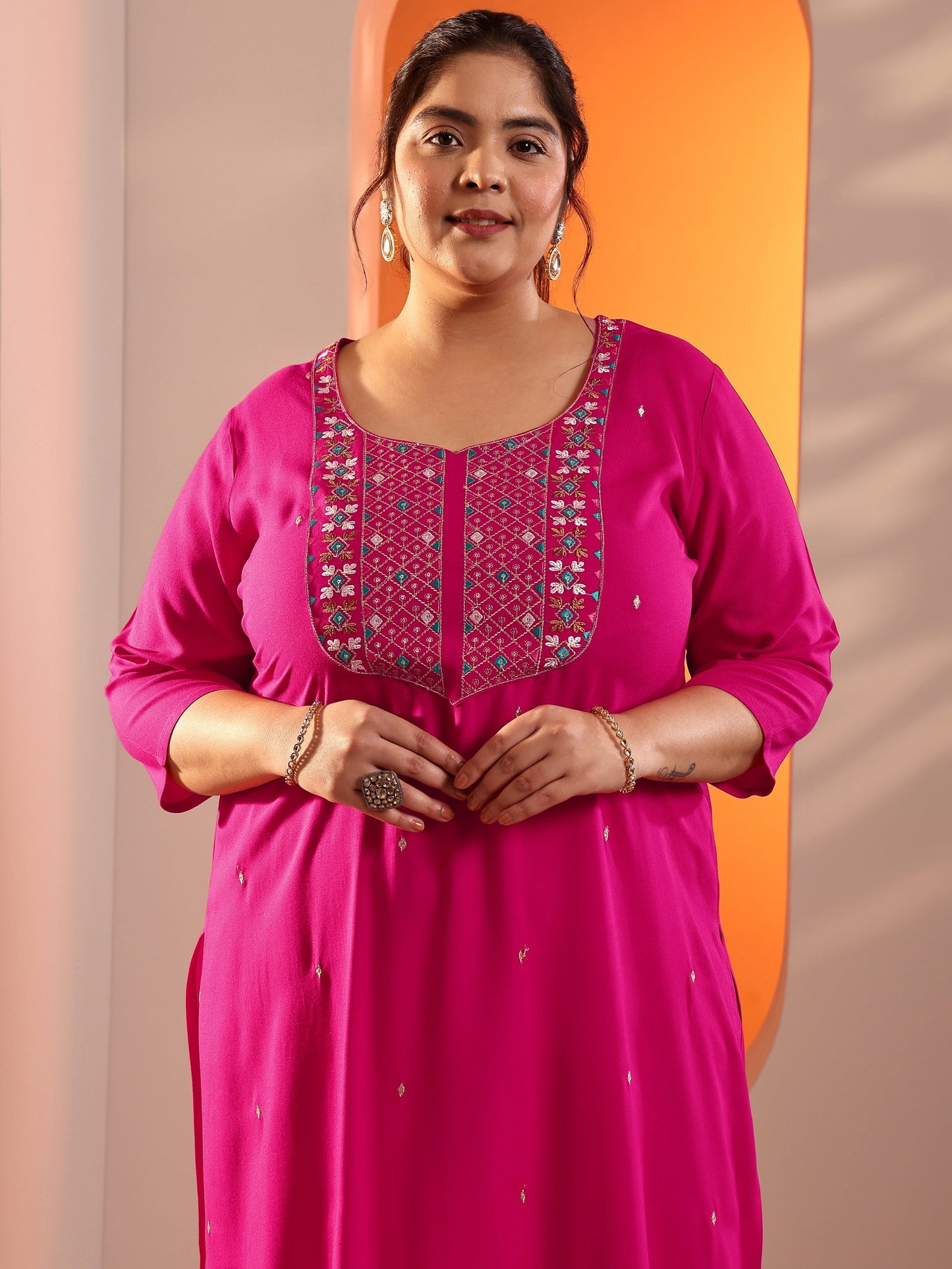 Plus Size Pink Embroidered Viscose Straight Suit Set With Dupatta