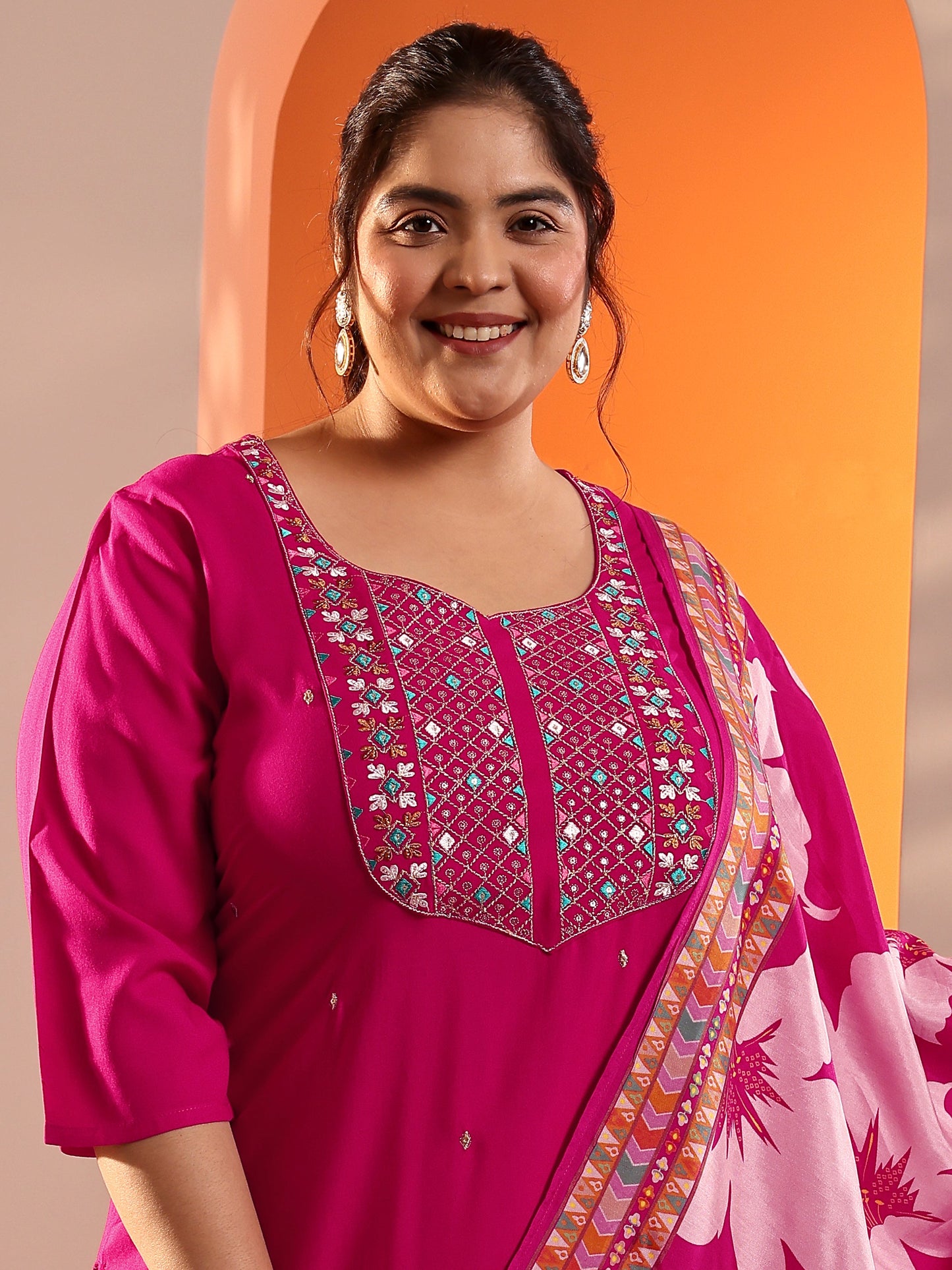 Plus Size Pink Embroidered Viscose Straight Suit Set With Dupatta