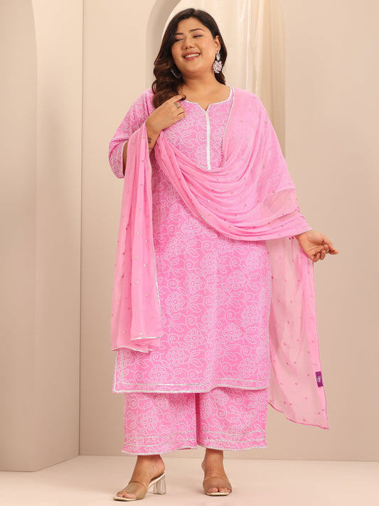 Plus Size Pink Printed Cotton Straight Suit Set With Dupatta